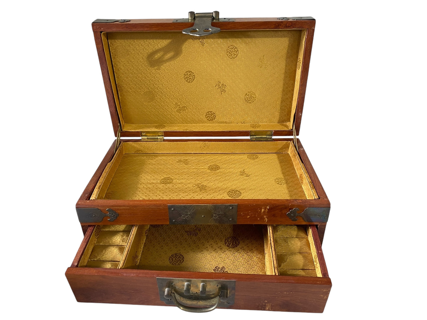 #6234 Vintage Asian Wood & Brass Jewelry Or Storage Box 12" W