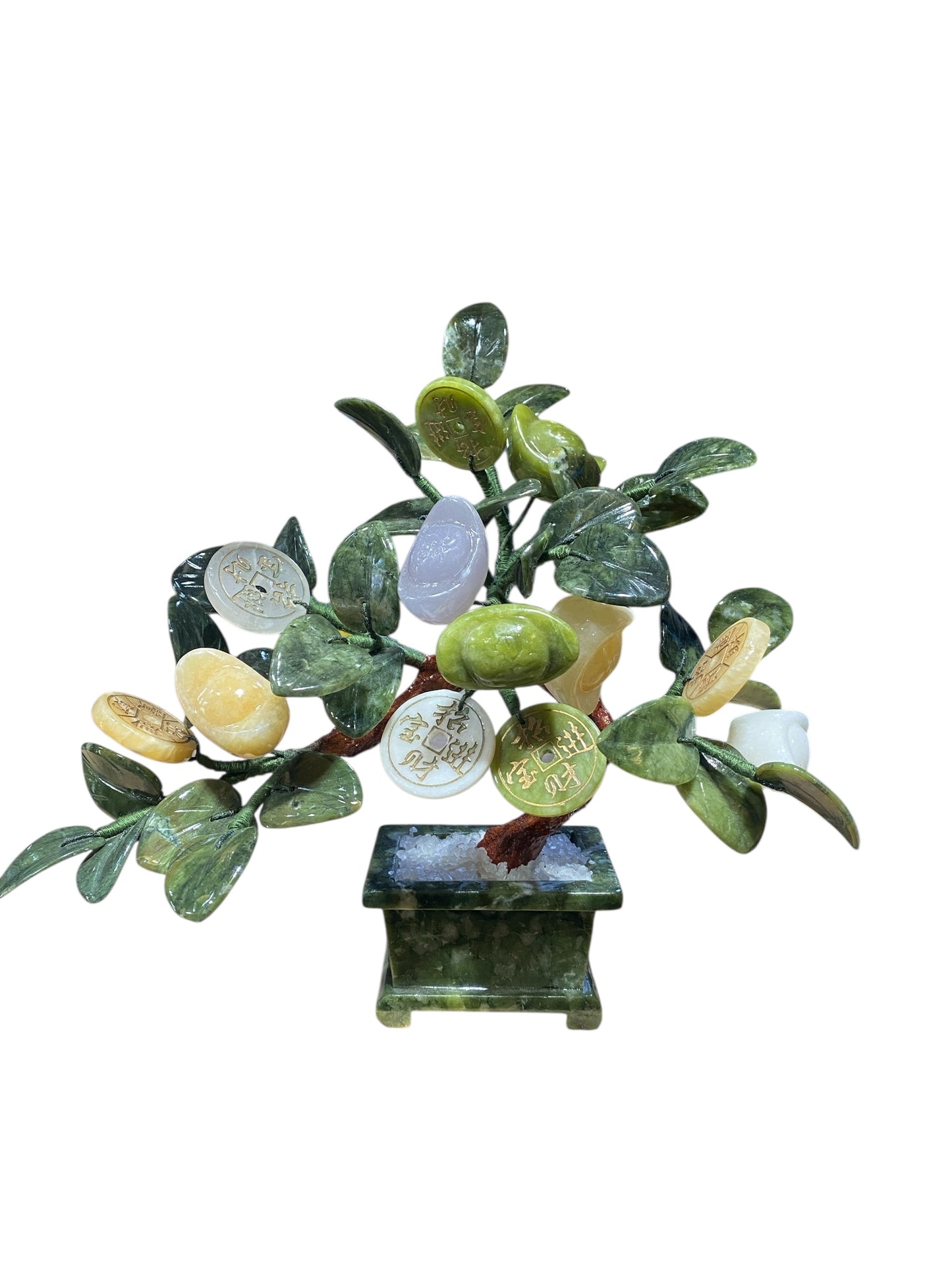 #6785 Vintage Carved Jade color Soap Stone Bonsai Lucky Money Tree 11" H