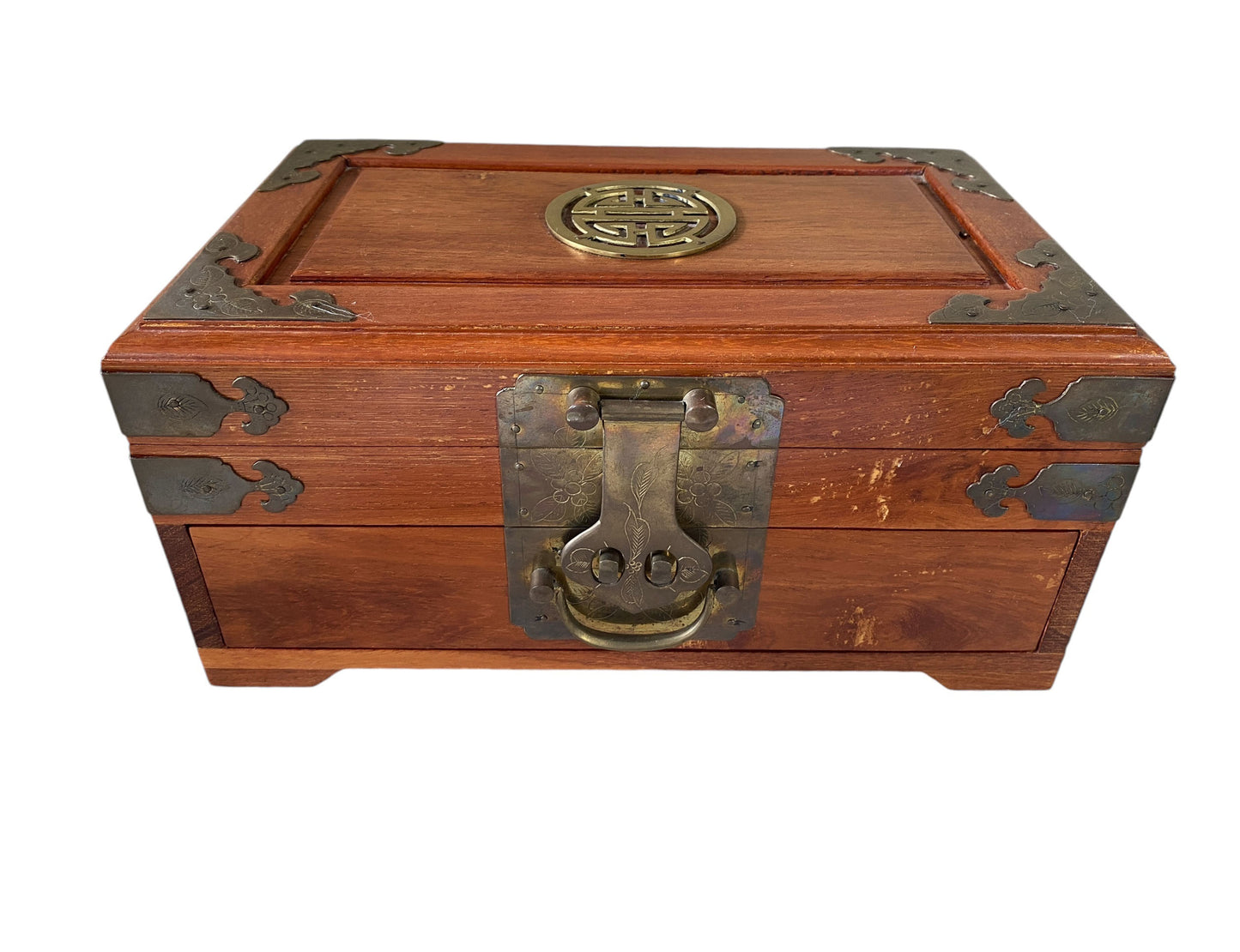 #6234 Vintage Asian Wood & Brass Jewelry Or Storage Box 12" W