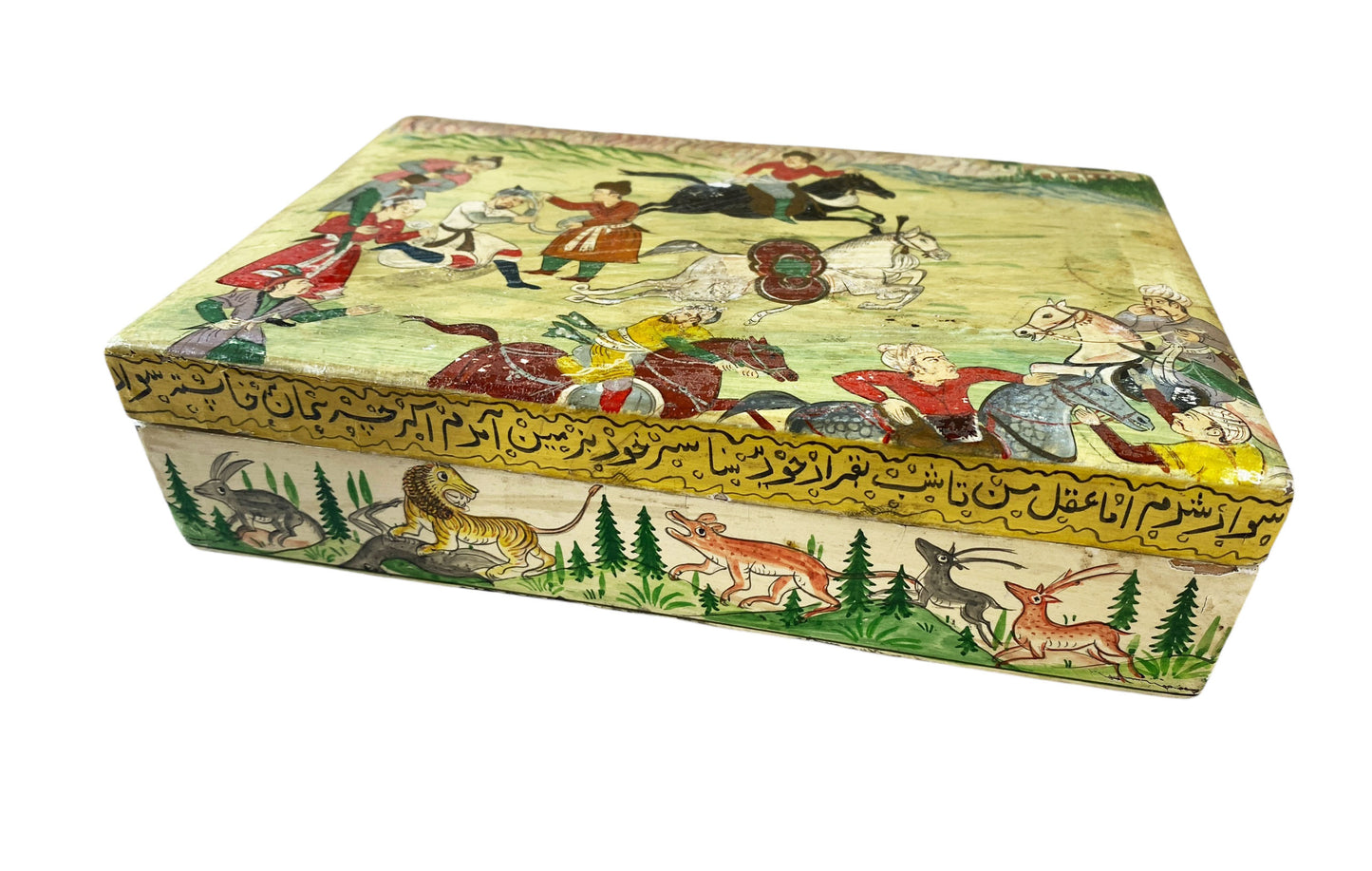 #6229 Vintage Kashmiri Hunting Scene Wooden Trinket Box 8" W