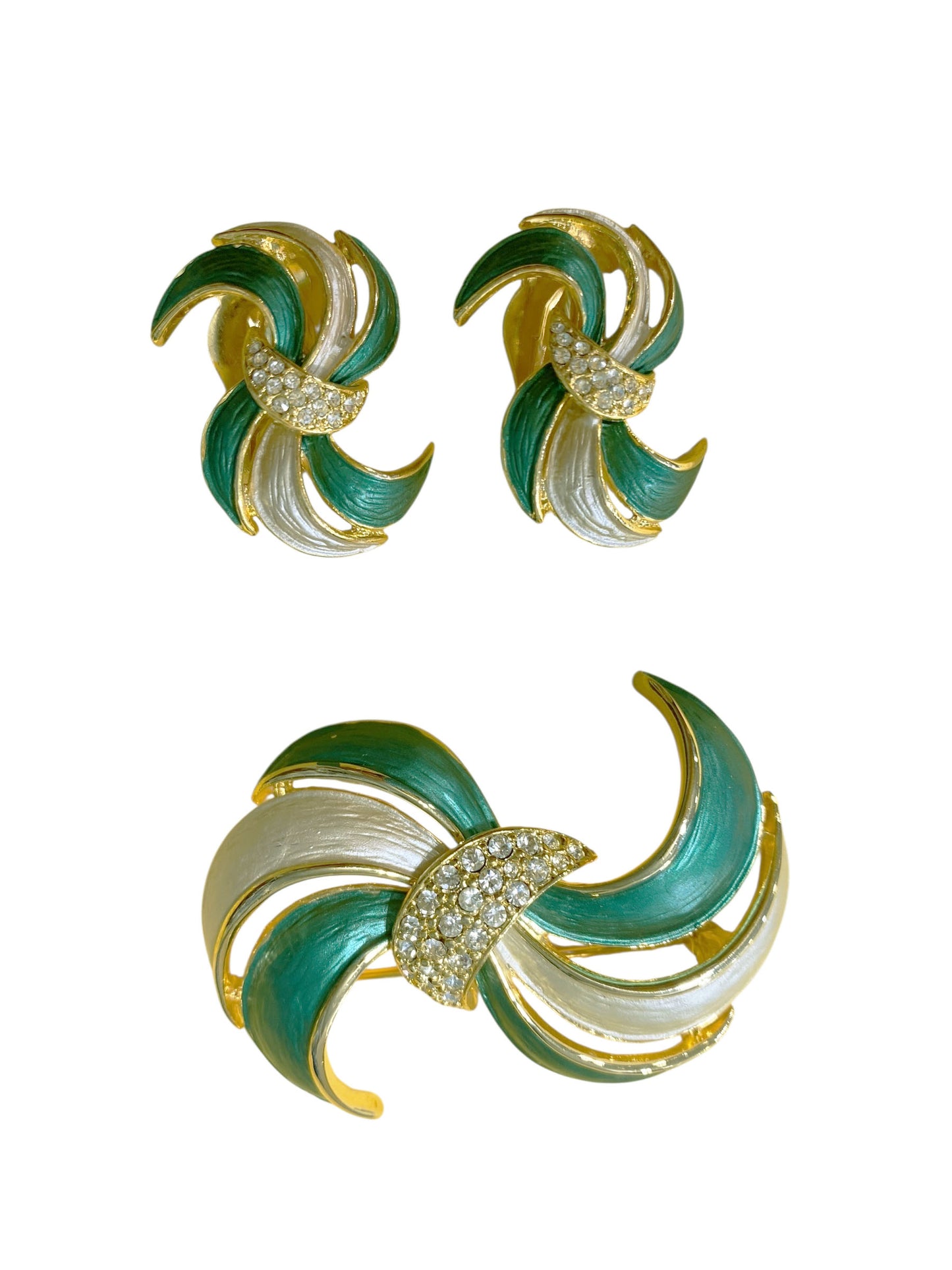 #18 Vintage set of a Brooch Pin & Earrings Gold Tone with enamel Leaf Feather