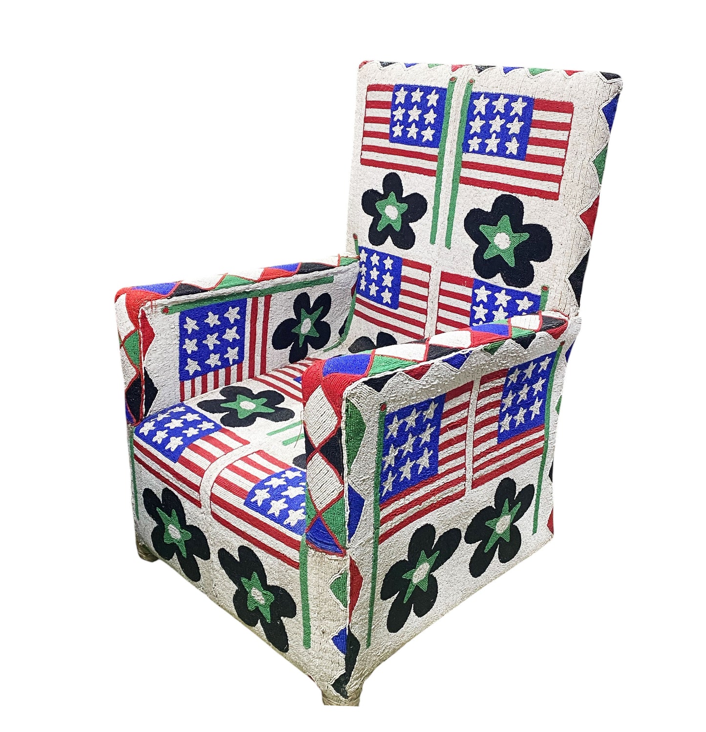 #1141 Vintage African Nobility Nigerian Yoruba Beaded ArmChair W/ Stylized American flags.