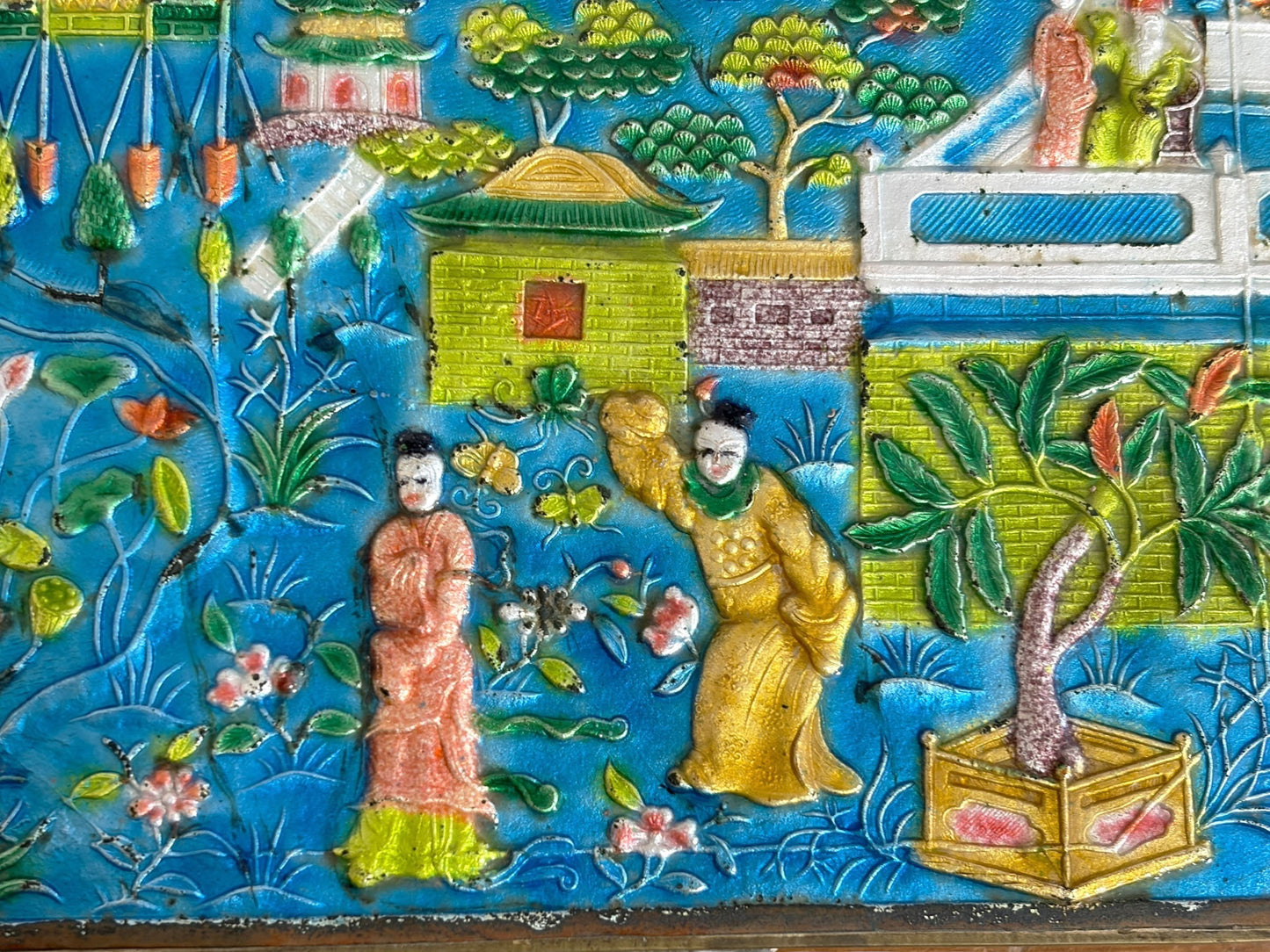 #629 Vintage Chinoiserie Canton Enamel Brass Trinket Jewelry Box Wood Lined