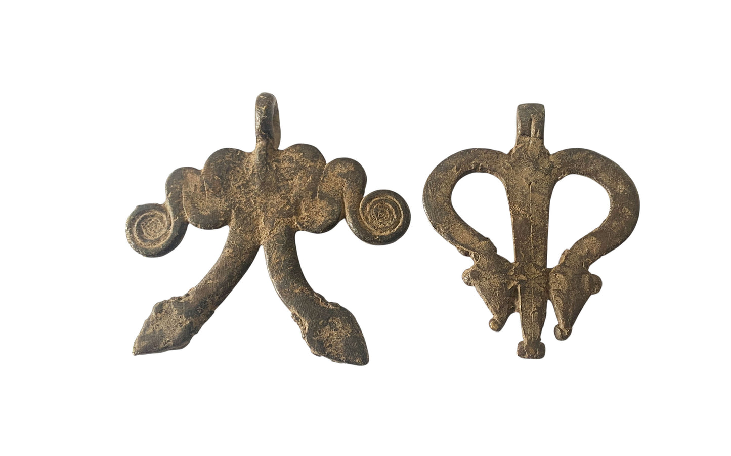 #1201 Vtg set of Two Gan Bronze Amulet Pendant/gold Weight / Ornate Serpents Burkina Faso