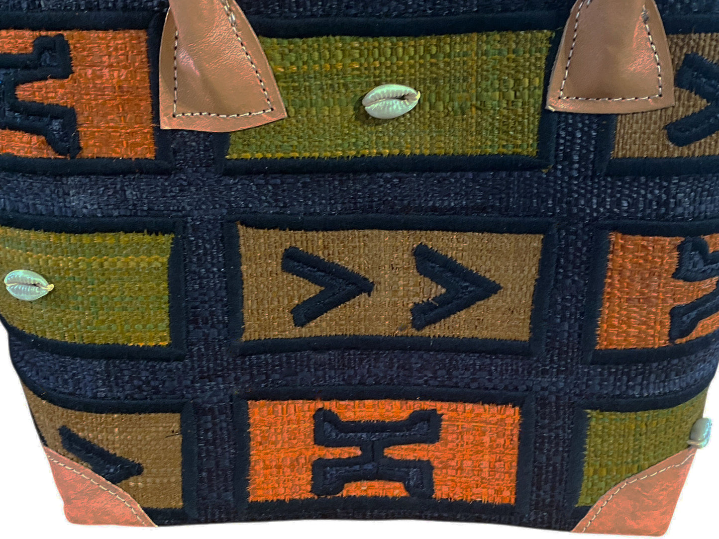 #97 Sewn & Embroidered Raffia /leather Tote Bag Madagascar