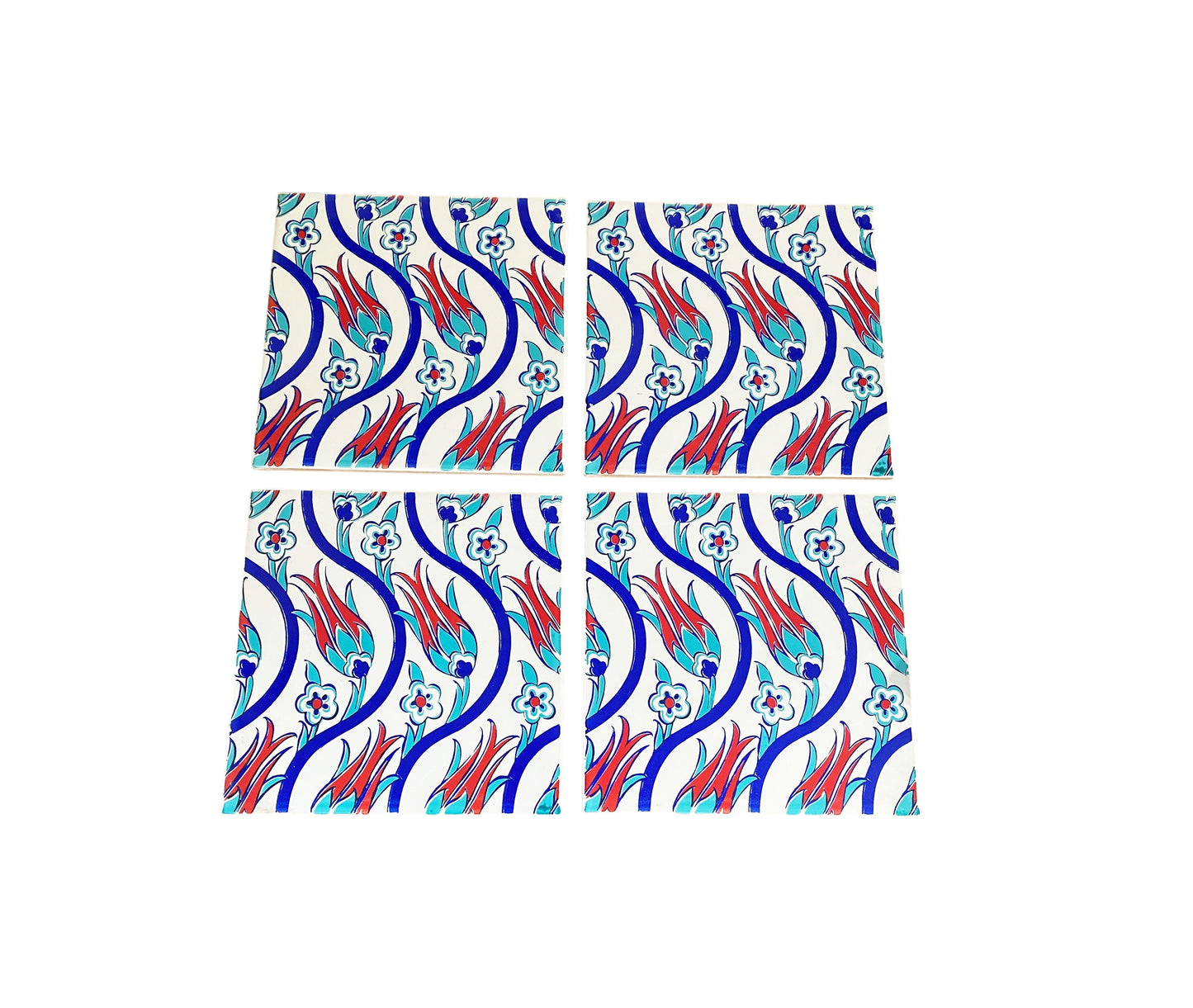 #671 Turkish Iznik Red Tulip & Blue Floral Pattern Ceramic Tile