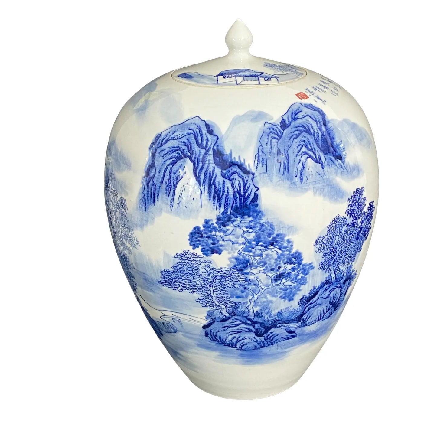 #712 Vintage Chinese Blue & White Porcelain Ginger Jar 14" H