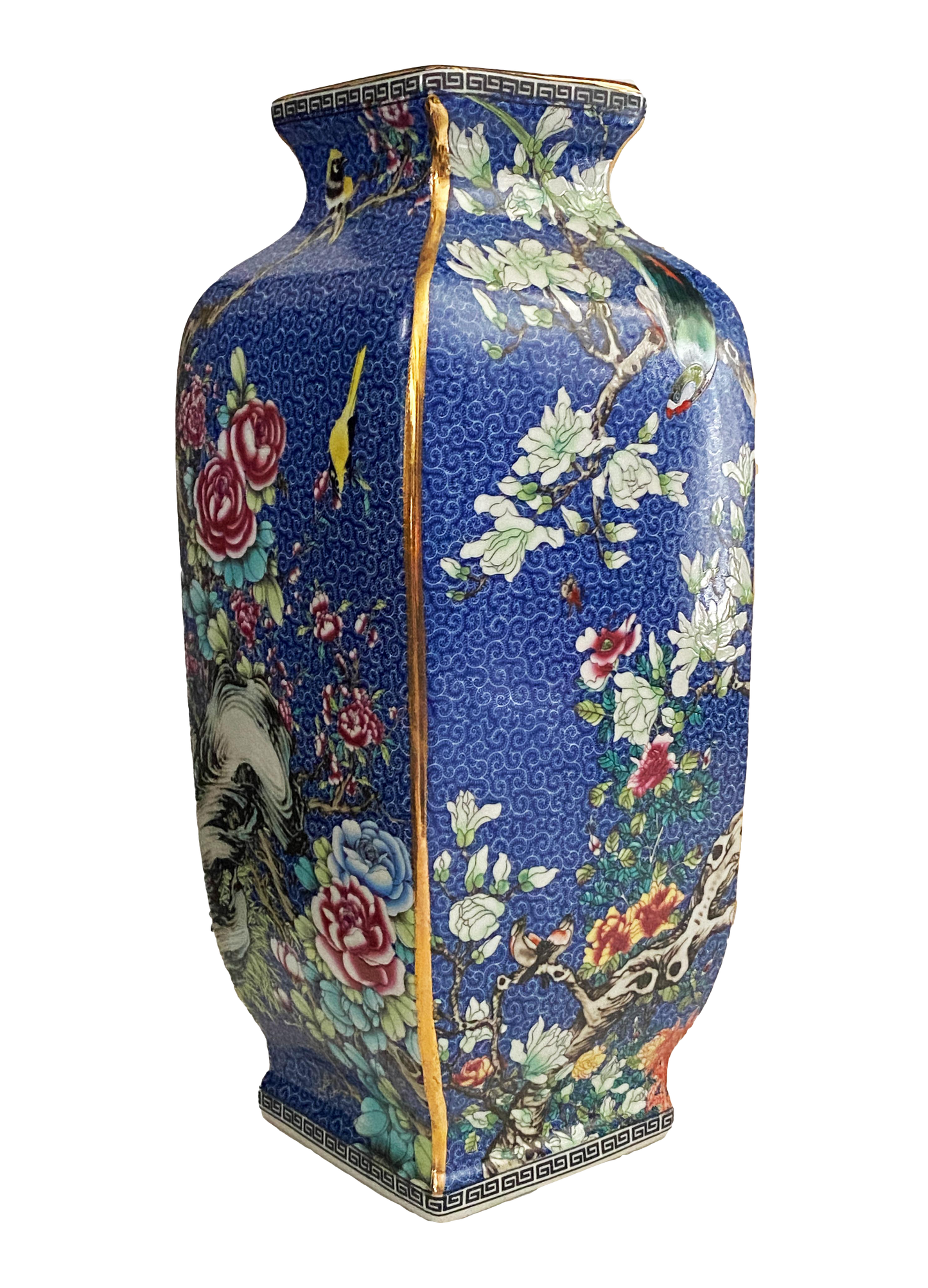 #3146 Chinoiserie Famille Rose Style Quadrilateral Shaped Porcelain Vase.14" H