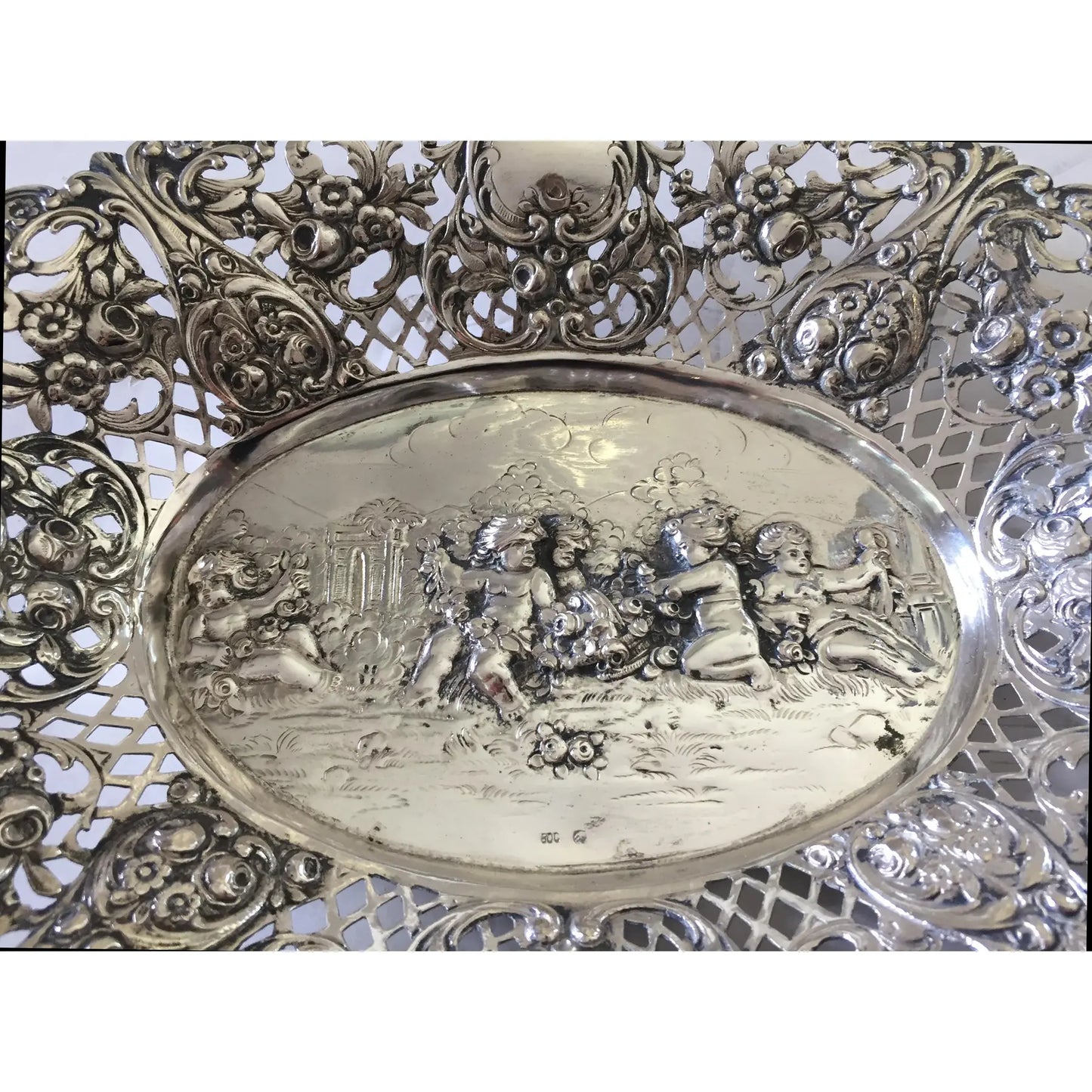 #1371 German 800 Silver Pierced Oval Bowl, C.1900