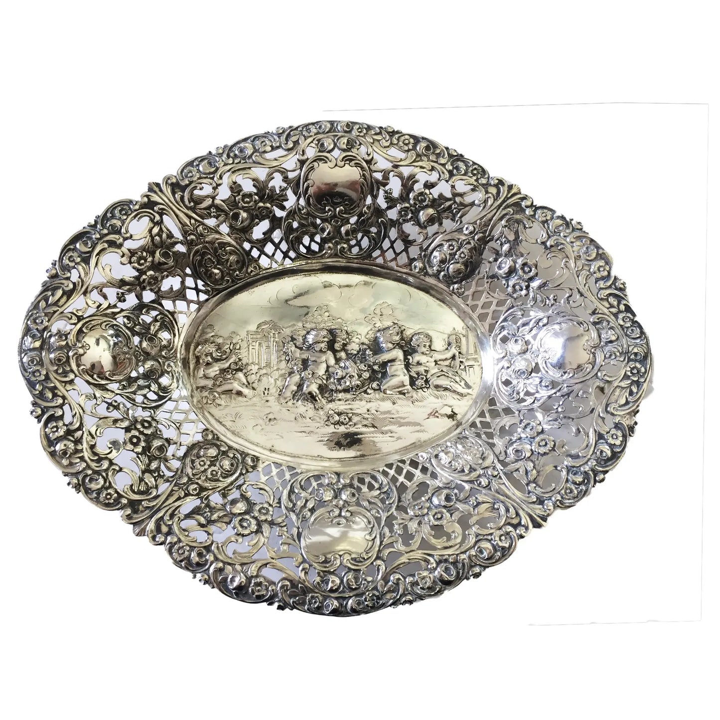 #1371 German 800 Silver Pierced Oval Bowl, C.1900