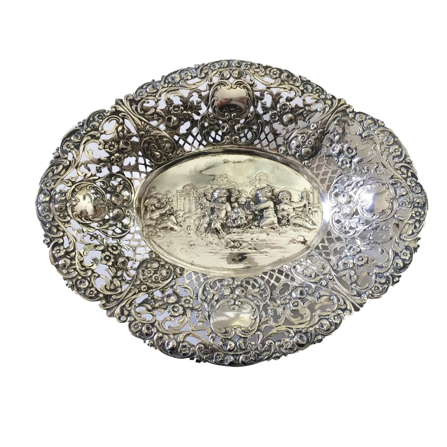 #1371 German 800 Silver Pierced Oval Bowl, C.1900