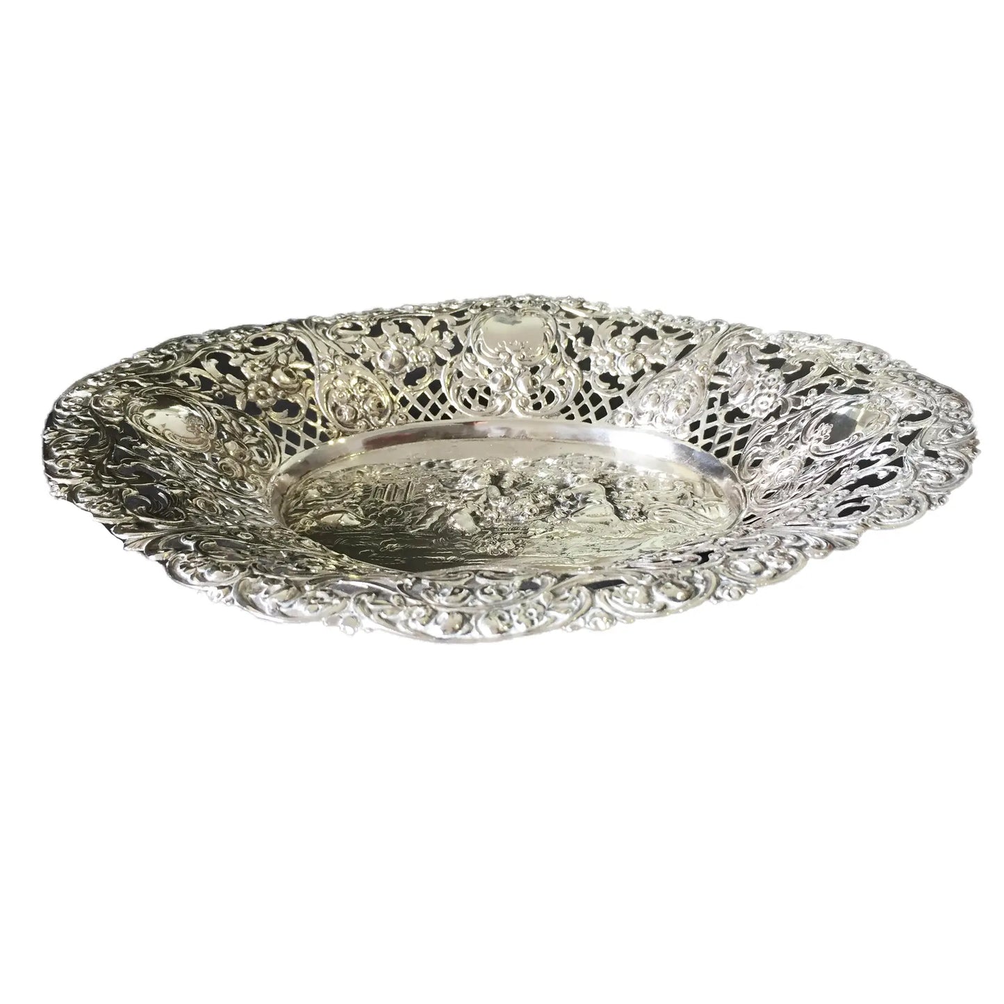 #1371 German 800 Silver Pierced Oval Bowl, C.1900