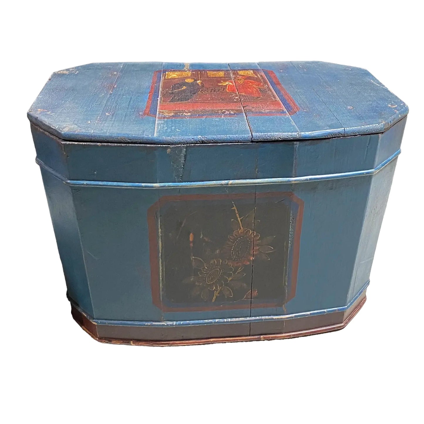 #4939 Large 19th Century Chinoiserie Painted Wood Trunk Box 21.25" W