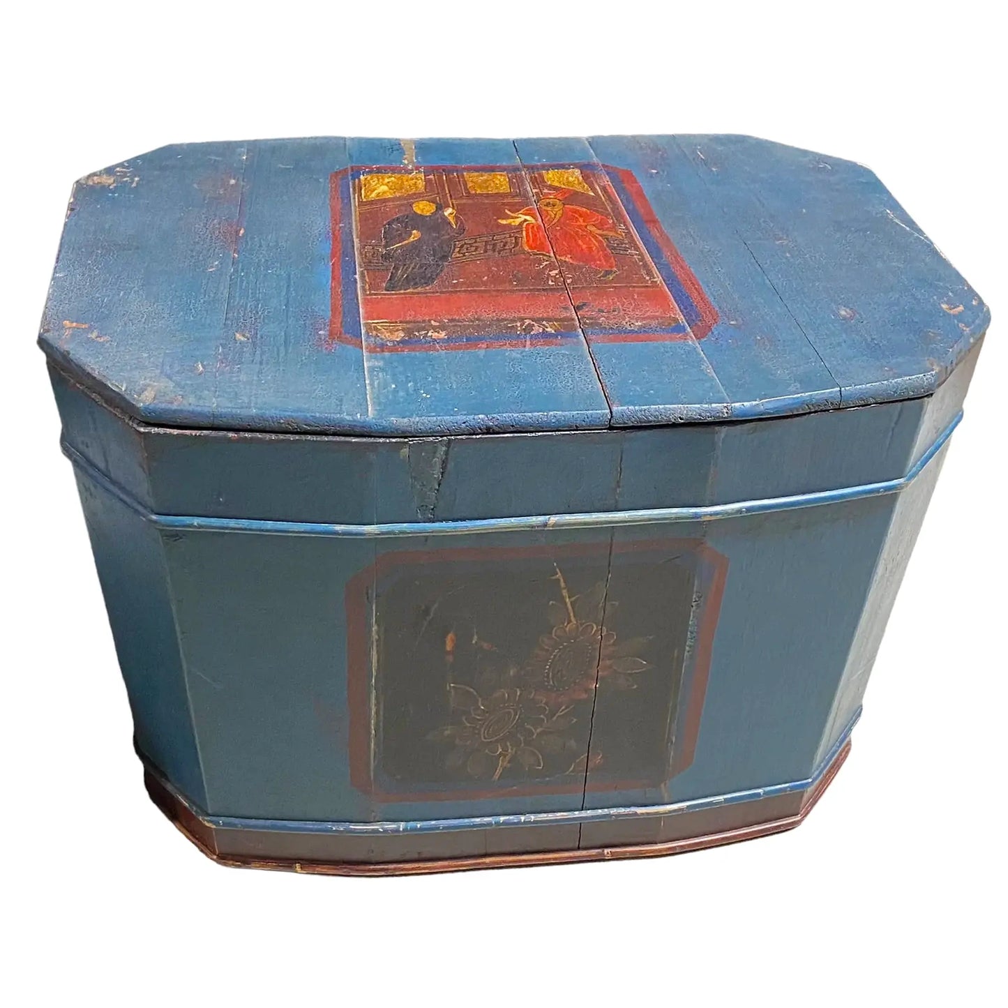 #4939 Large 19th Century Chinoiserie Painted Wood Trunk Box 21.25" W
