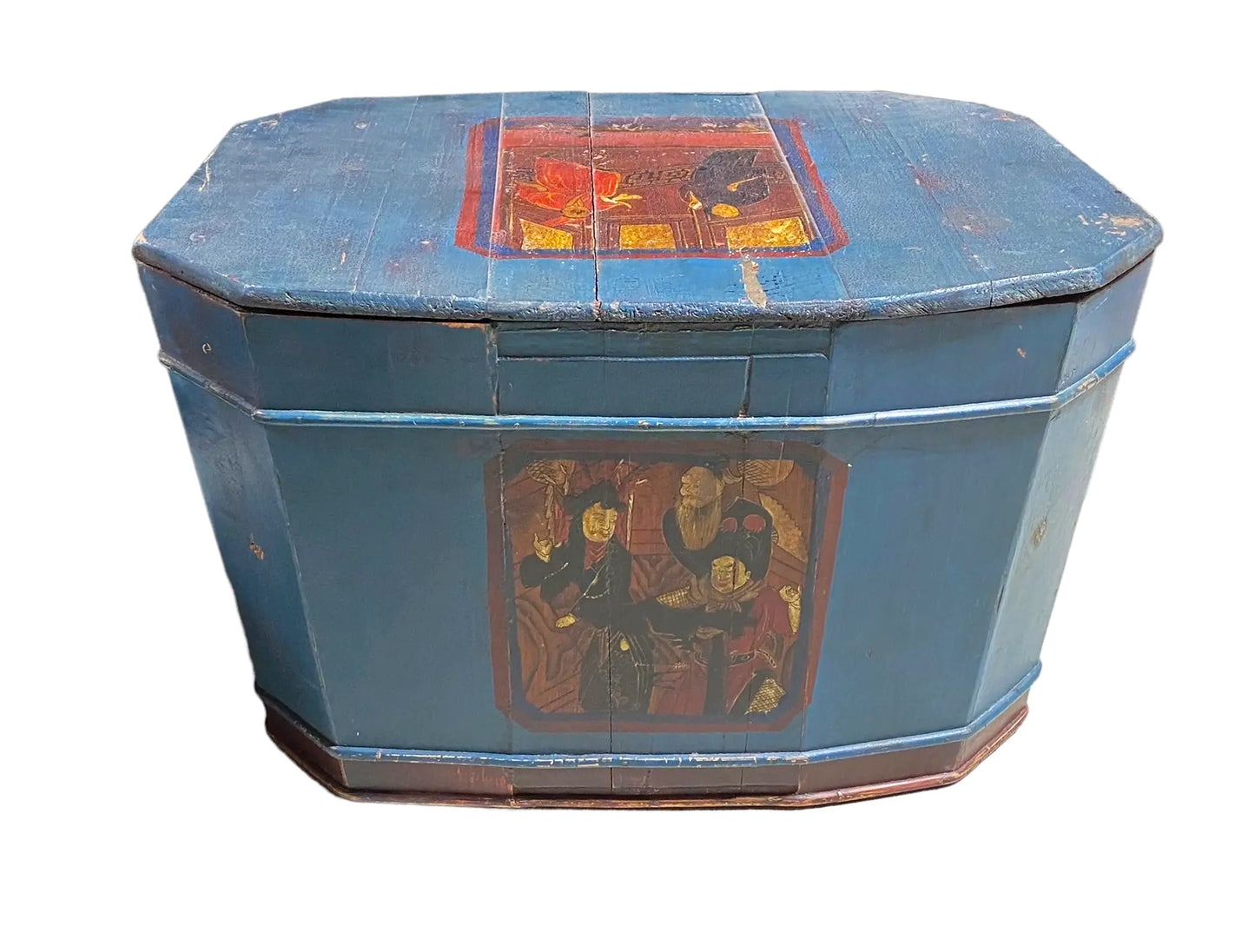 #4939 Large 19th Century Chinoiserie Painted Wood Trunk Box 21.25" W