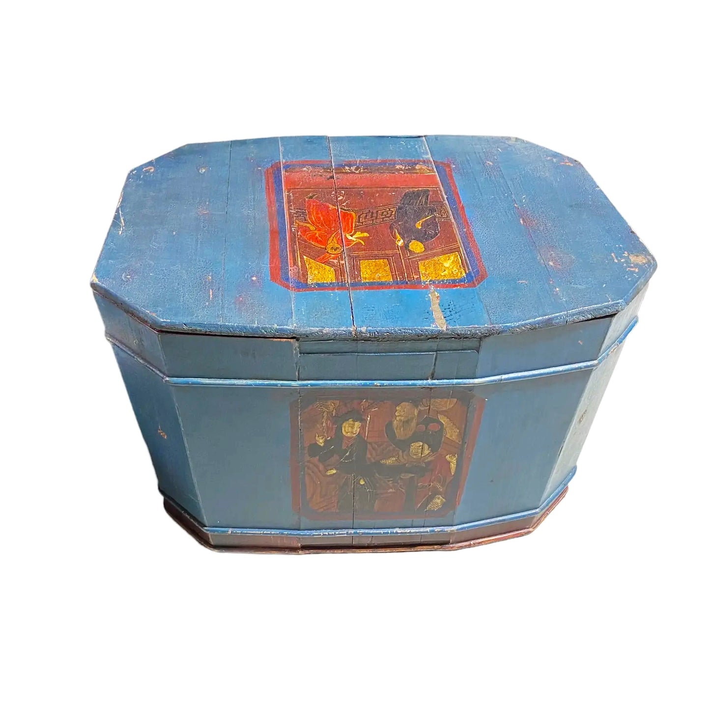 #4939 Large 19th Century Chinoiserie Painted Wood Trunk Box 21.25" W