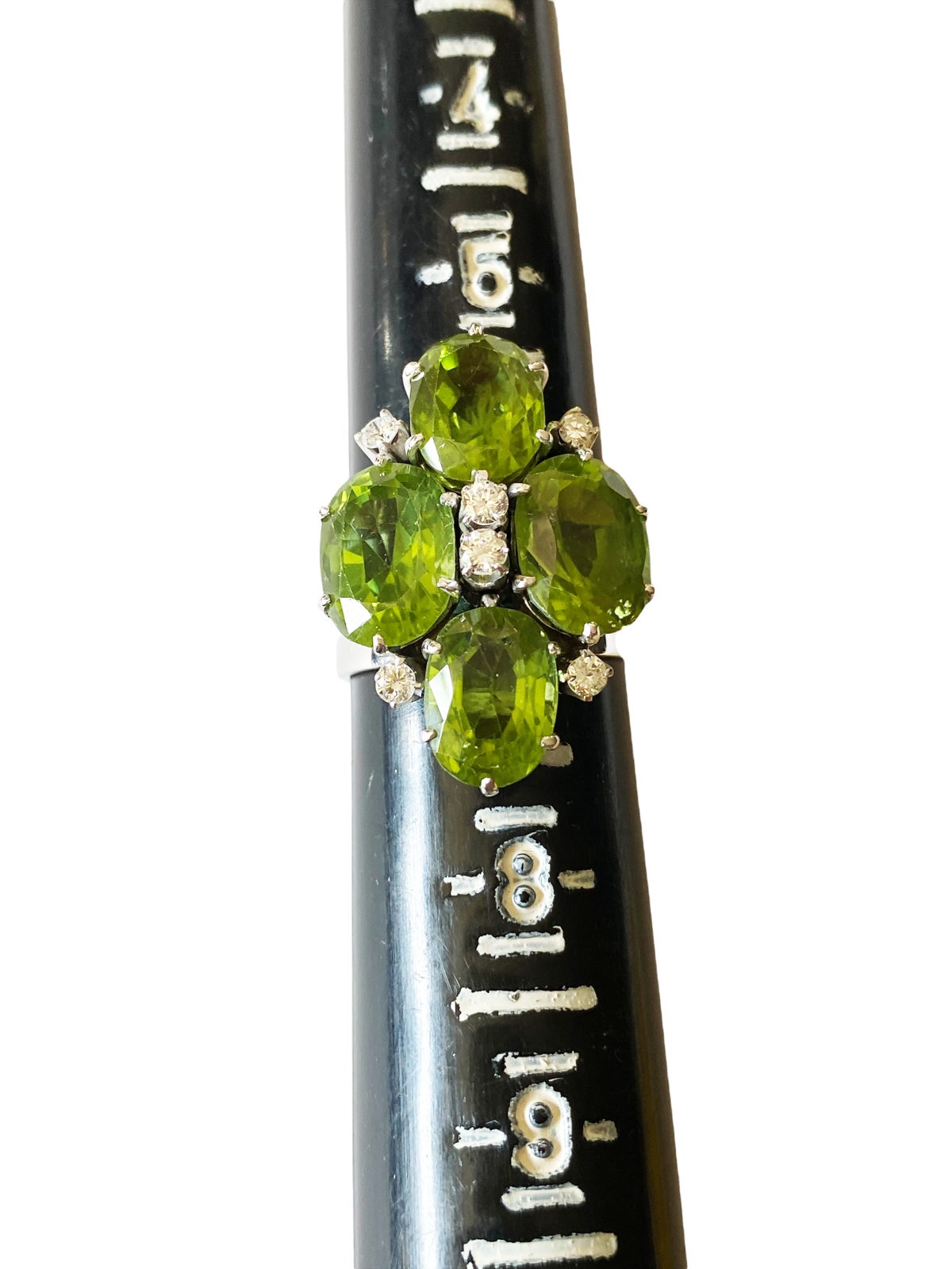 #4780 Mid century 18k White Gold Cocktail Peridot and Diamond Ring