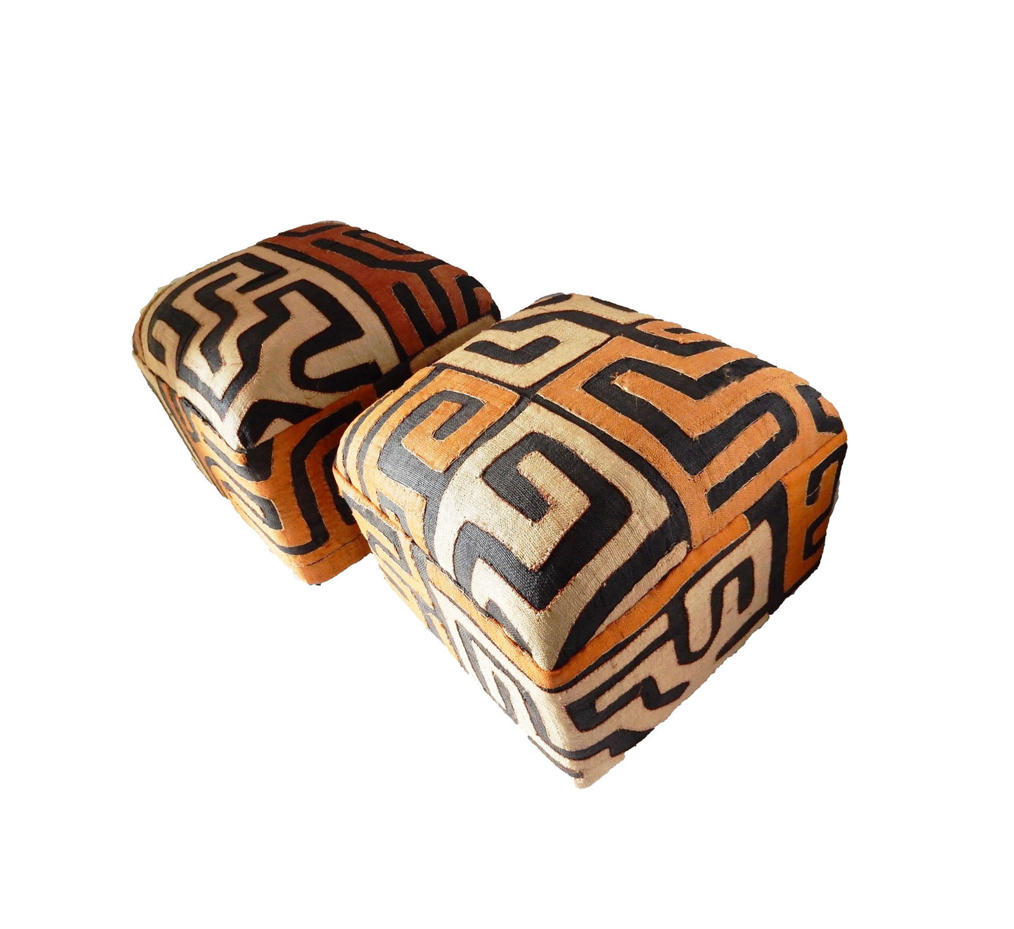 #16 OT Vintage Custom Made African Upholstered Kuba Textile Ottomans, Set of Two