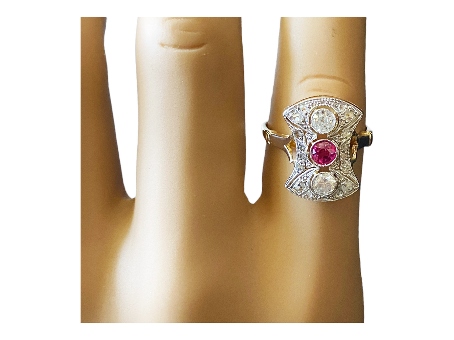 #4781 18k Gold Art Deco Antique Pink Sapphire & Diamond Shield Ring Size 7 1/2