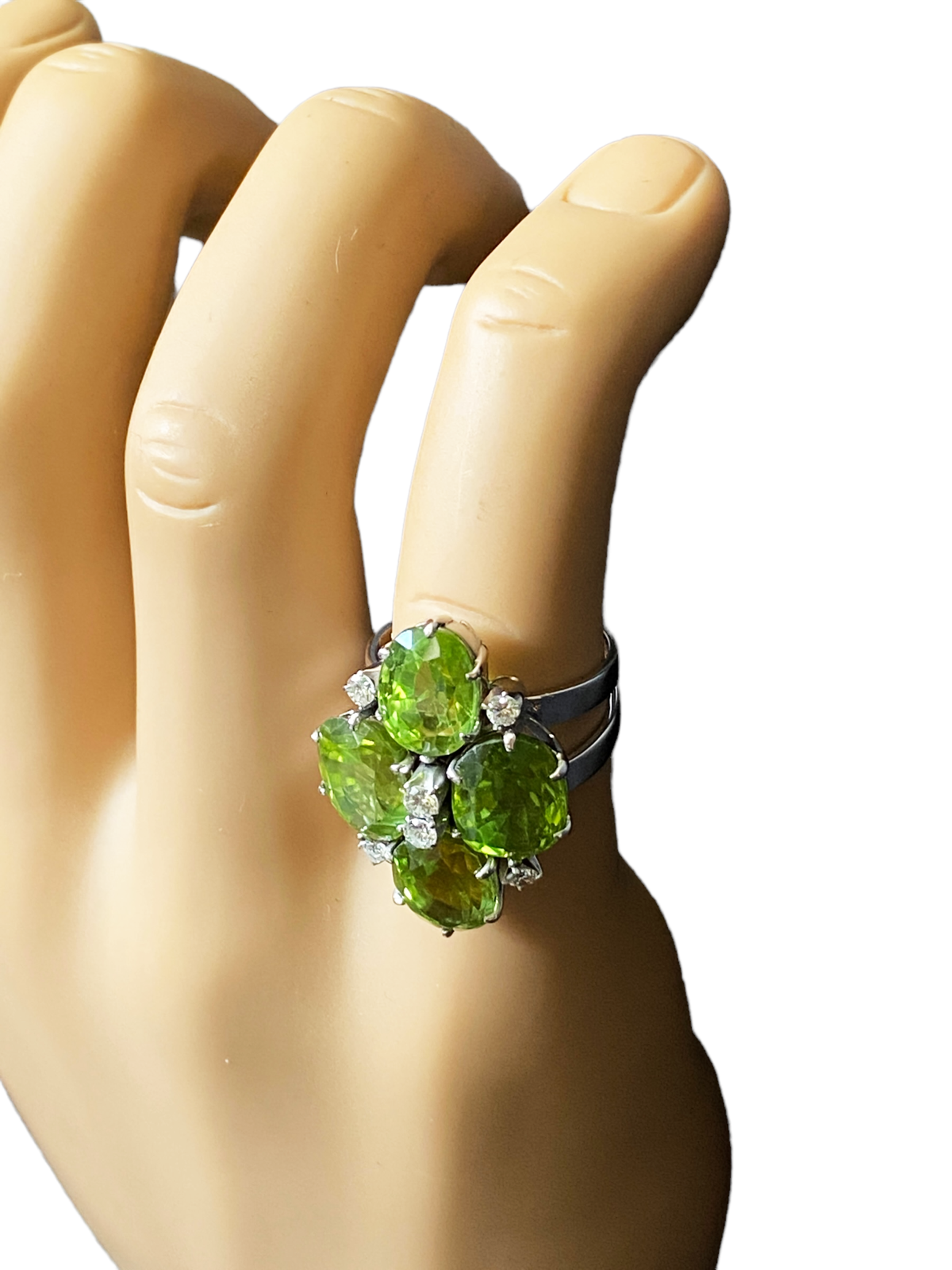 #4780 Mid century 18k White Gold Cocktail Peridot and Diamond Ring