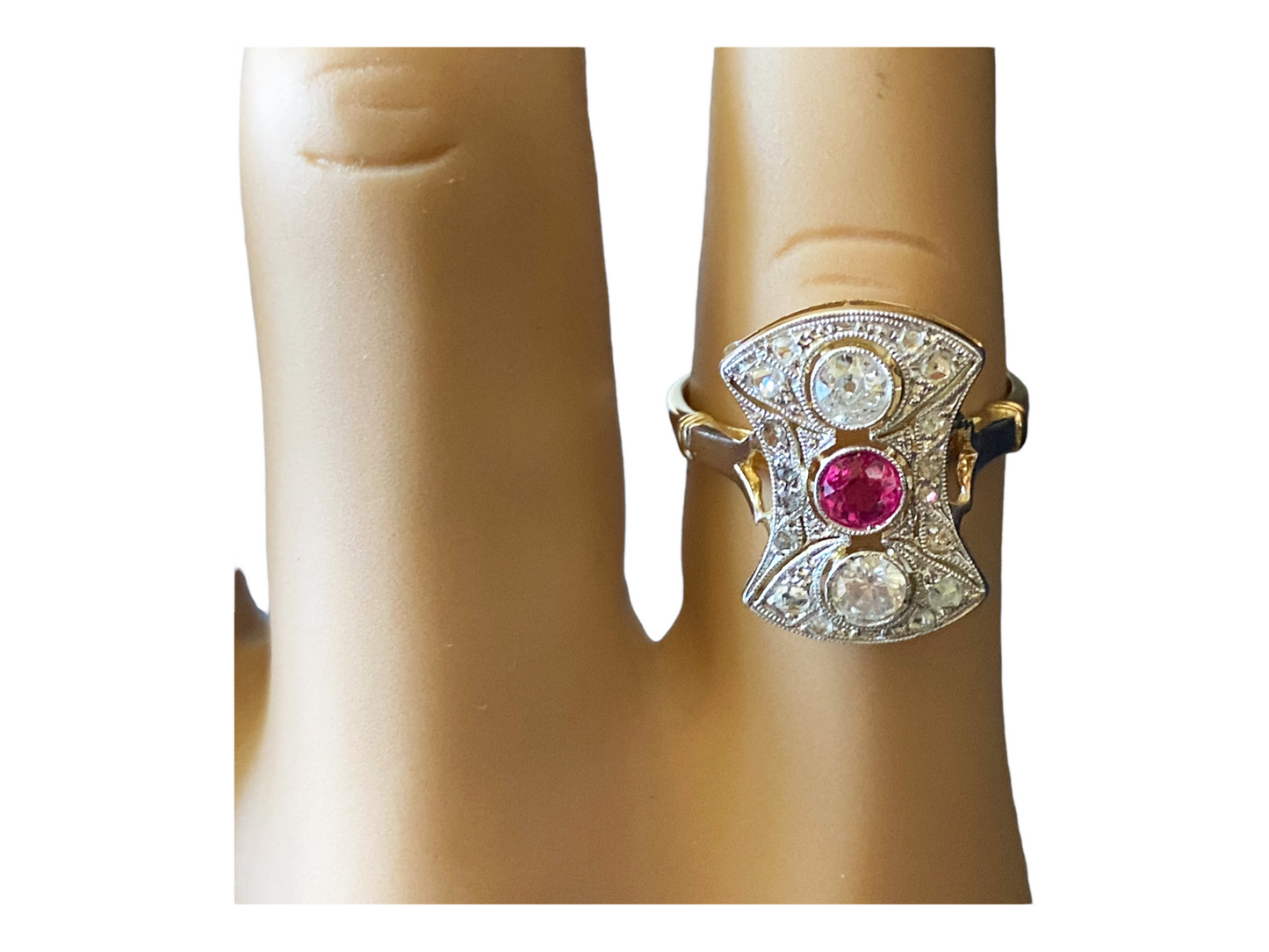 #4781 18k Gold Art Deco Antique Pink Sapphire & Diamond Shield Ring Size 7 1/2