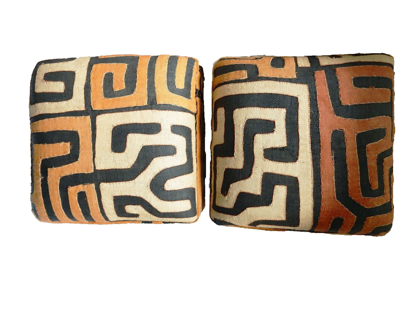 #16 OT Vintage Custom Made African Upholstered Kuba Textile Ottomans, Set of Two