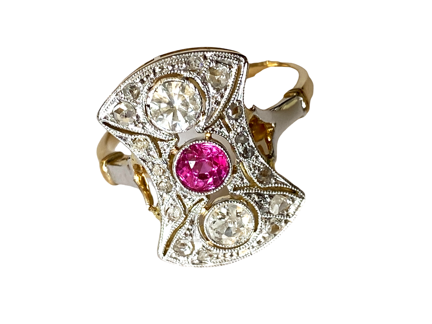 #4781 18k Gold Art Deco Antique Pink Sapphire & Diamond Shield Ring Size 7 1/2