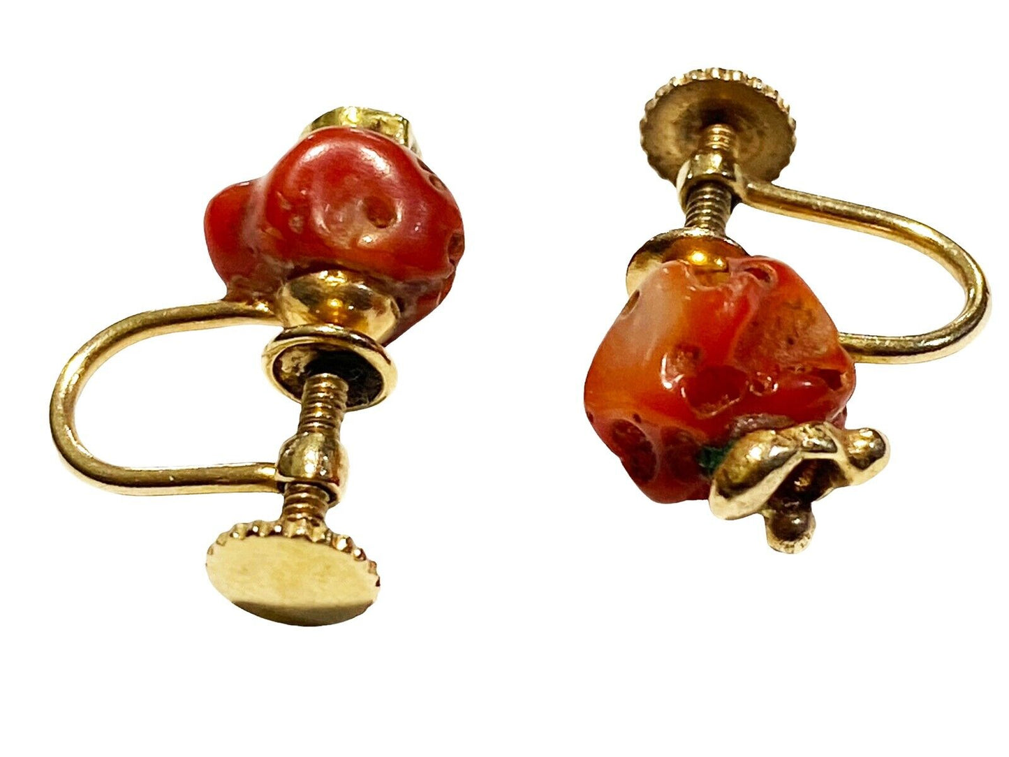 #4185 Vintage 18Kt Gold/ Coral Set Of Earrings And Ring Size 4