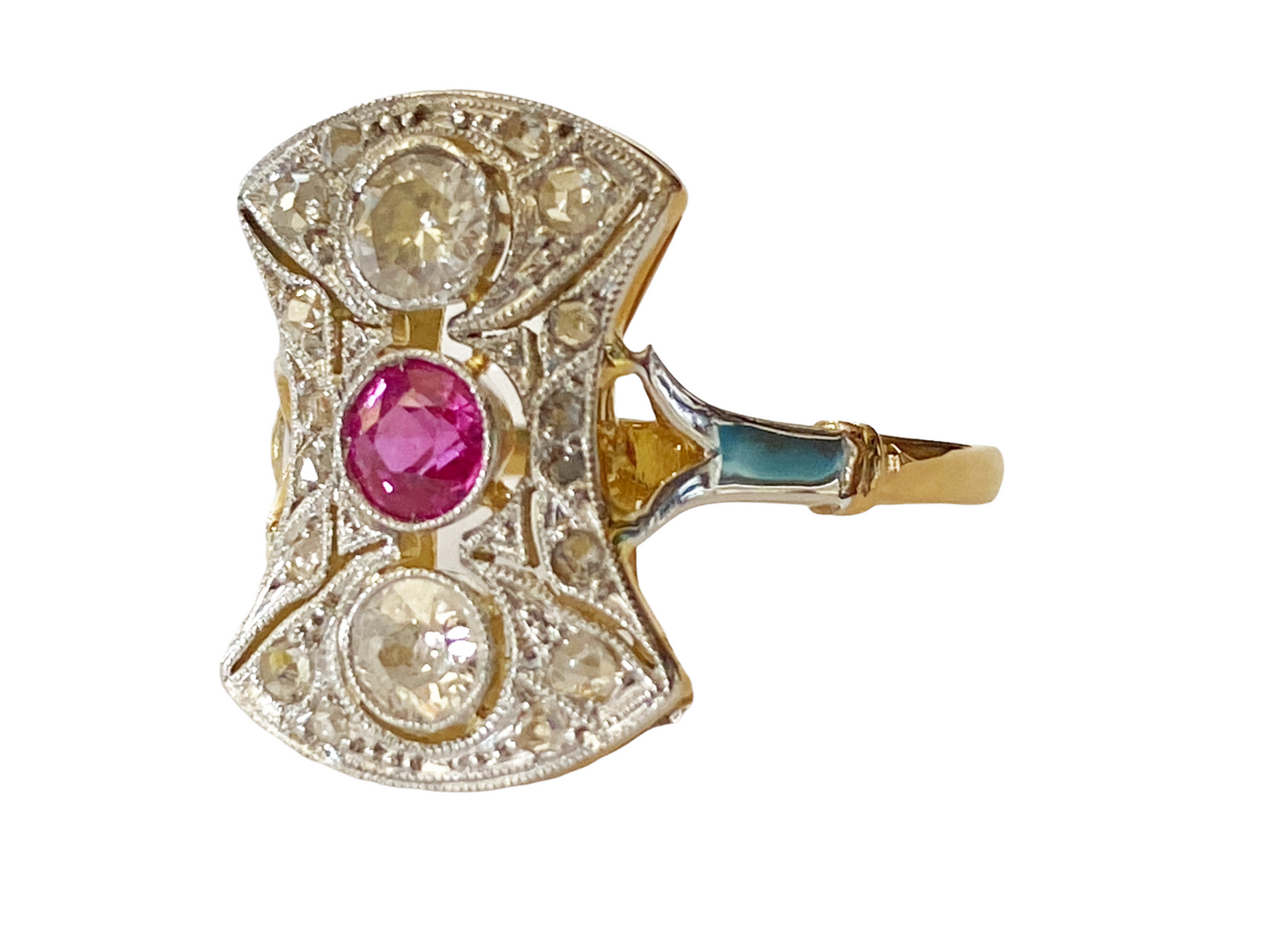 #4781 18k Gold Art Deco Antique Pink Sapphire & Diamond Shield Ring Size 7 1/2