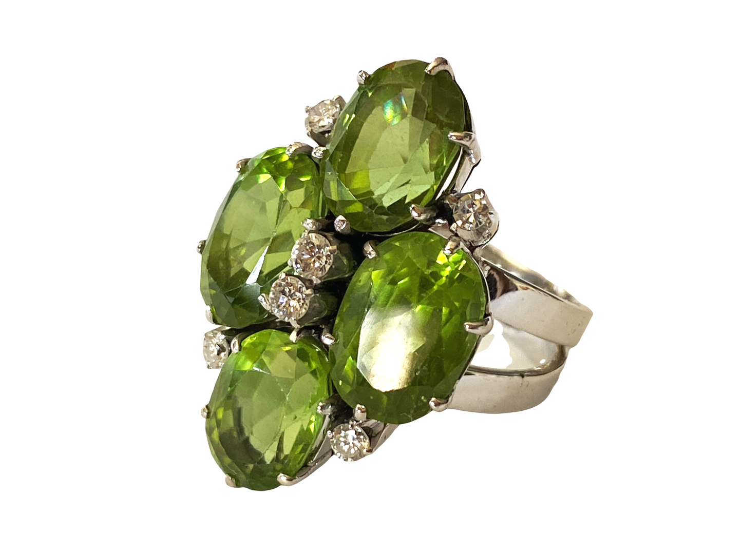 #4780 Mid century 18k White Gold Cocktail Peridot and Diamond Ring