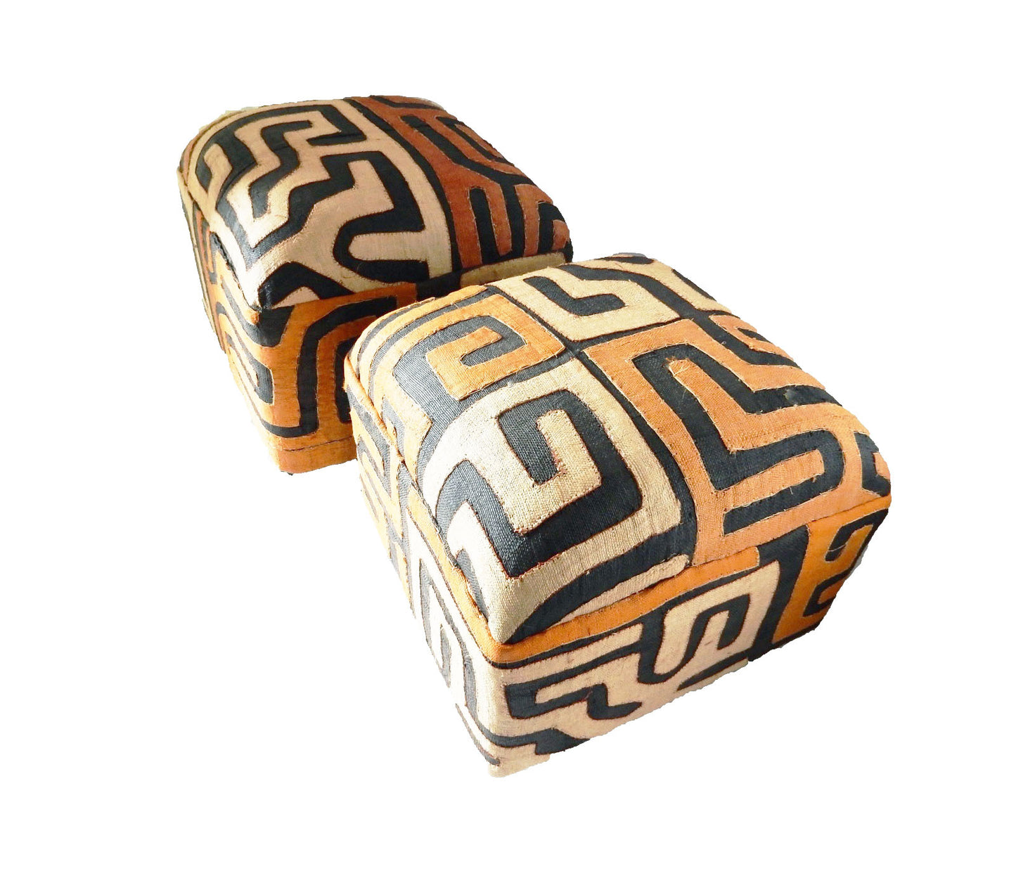 #16 OT Vintage Custom Made African Upholstered Kuba Textile Ottomans, Set of Two