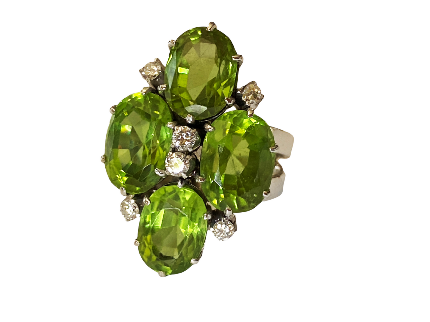 #4780 Mid century 18k White Gold Cocktail Peridot and Diamond Ring