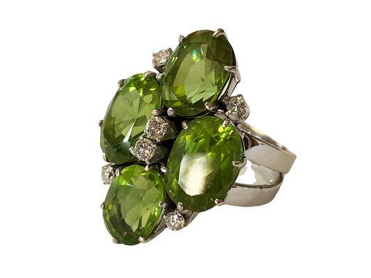 #4780 Mid century 18k White Gold Cocktail Peridot and Diamond Ring