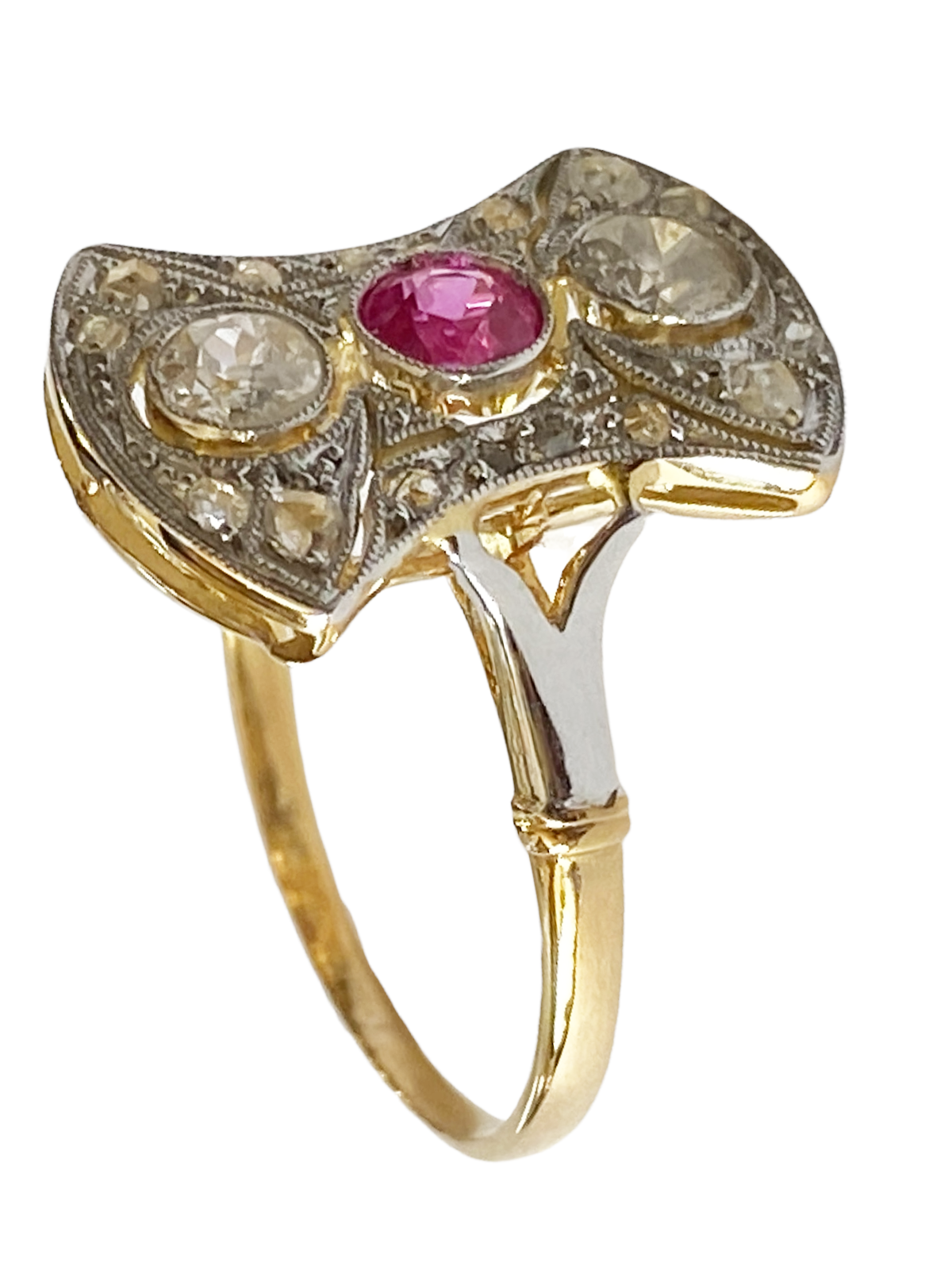#4781 18k Gold Art Deco Antique Pink Sapphire & Diamond Shield Ring Size 7 1/2