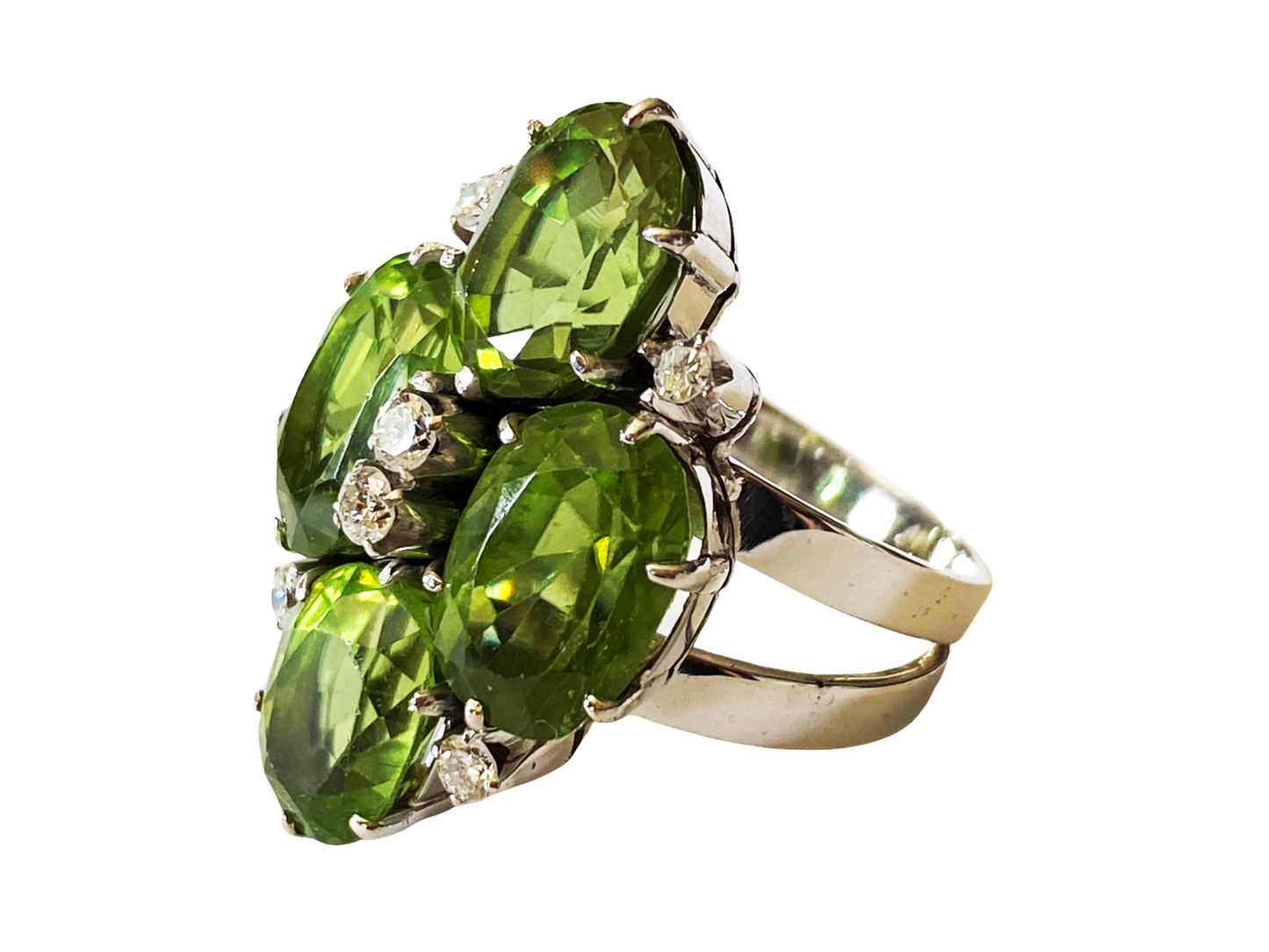 #4780 Mid century 18k White Gold Cocktail Peridot and Diamond Ring