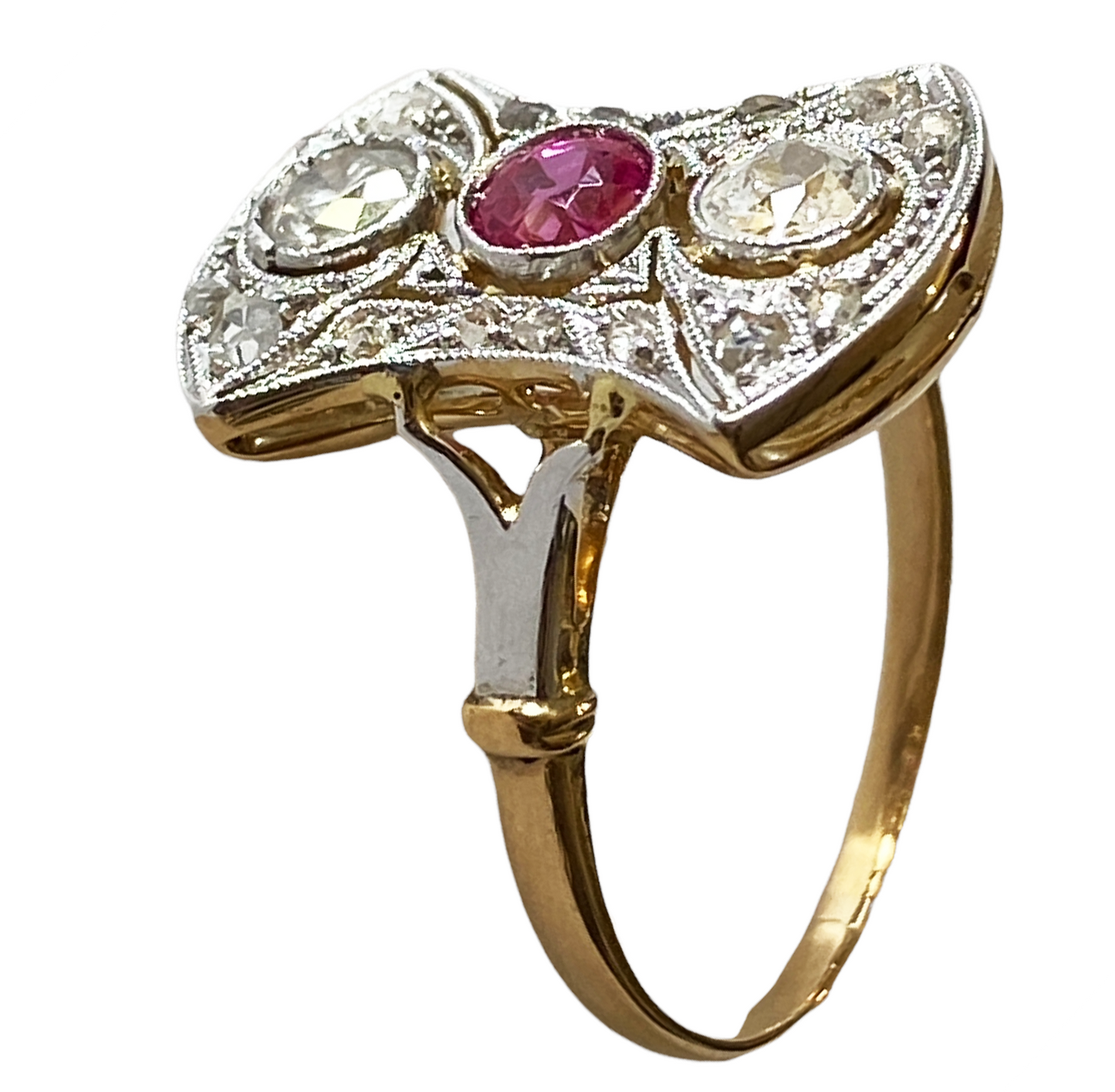 #4781 18k Gold Art Deco Antique Pink Sapphire & Diamond Shield Ring Size 7 1/2