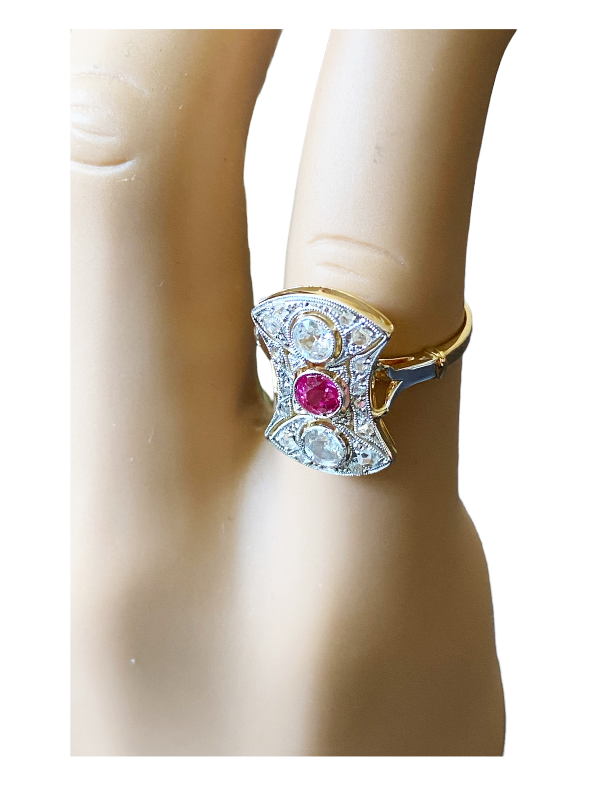 #4781 18k Gold Art Deco Antique Pink Sapphire & Diamond Shield Ring Size 7 1/2