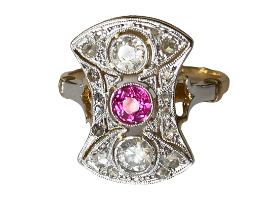 #4781 18k Gold Art Deco Antique Pink Sapphire & Diamond Shield Ring Size 7 1/2