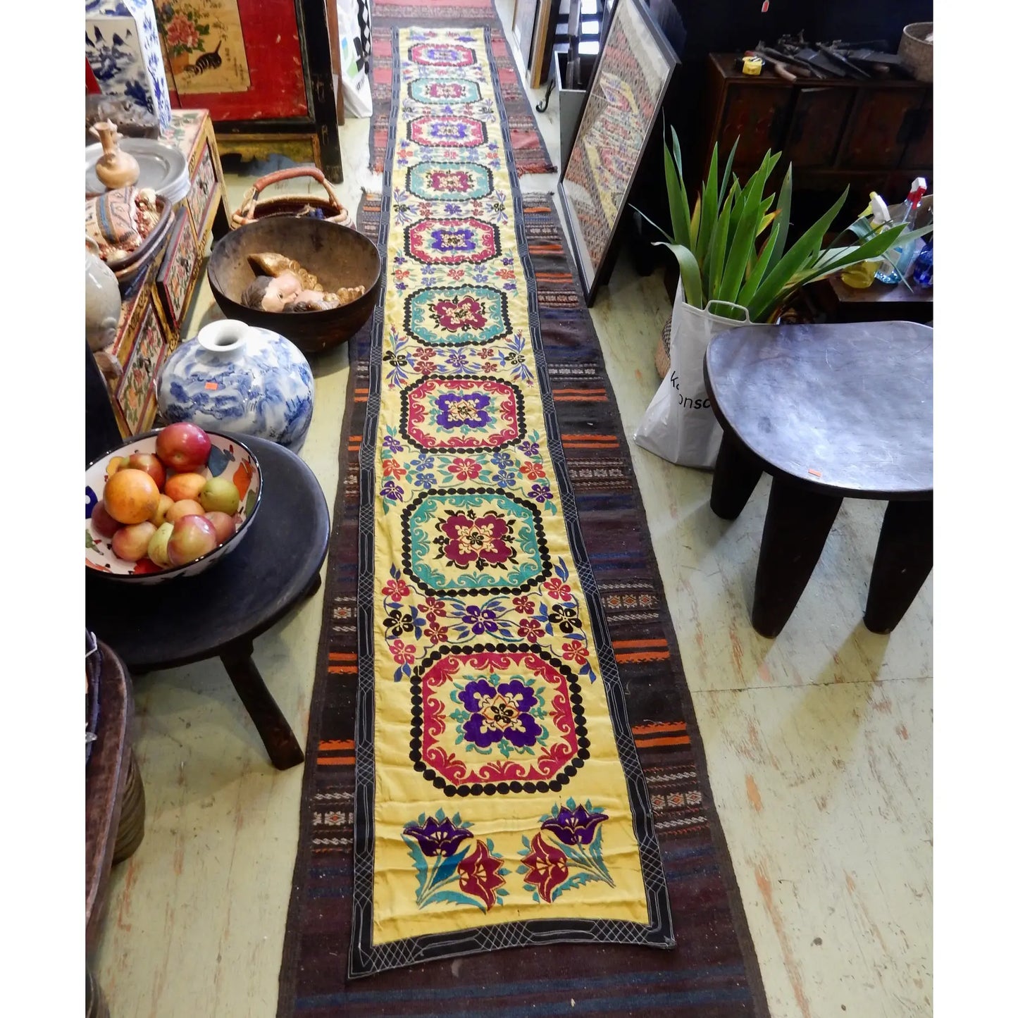 #7319 Vintage Long Uzbek Suzani Embroidered Fabric Runner/Wall Hanging 168" W