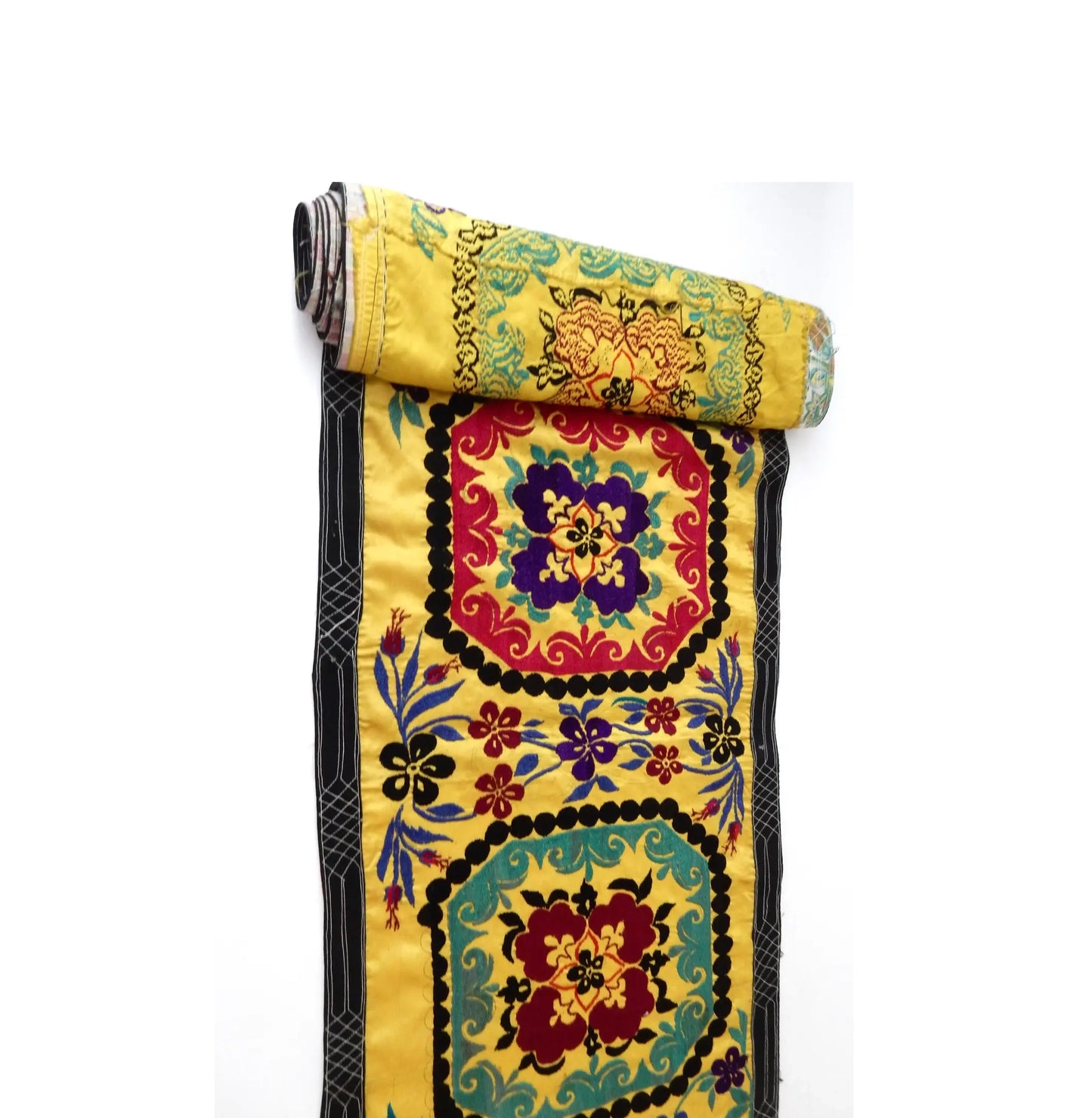 #7319 Vintage Long Uzbek Suzani Embroidered Fabric Runner/Wall Hanging 168" W