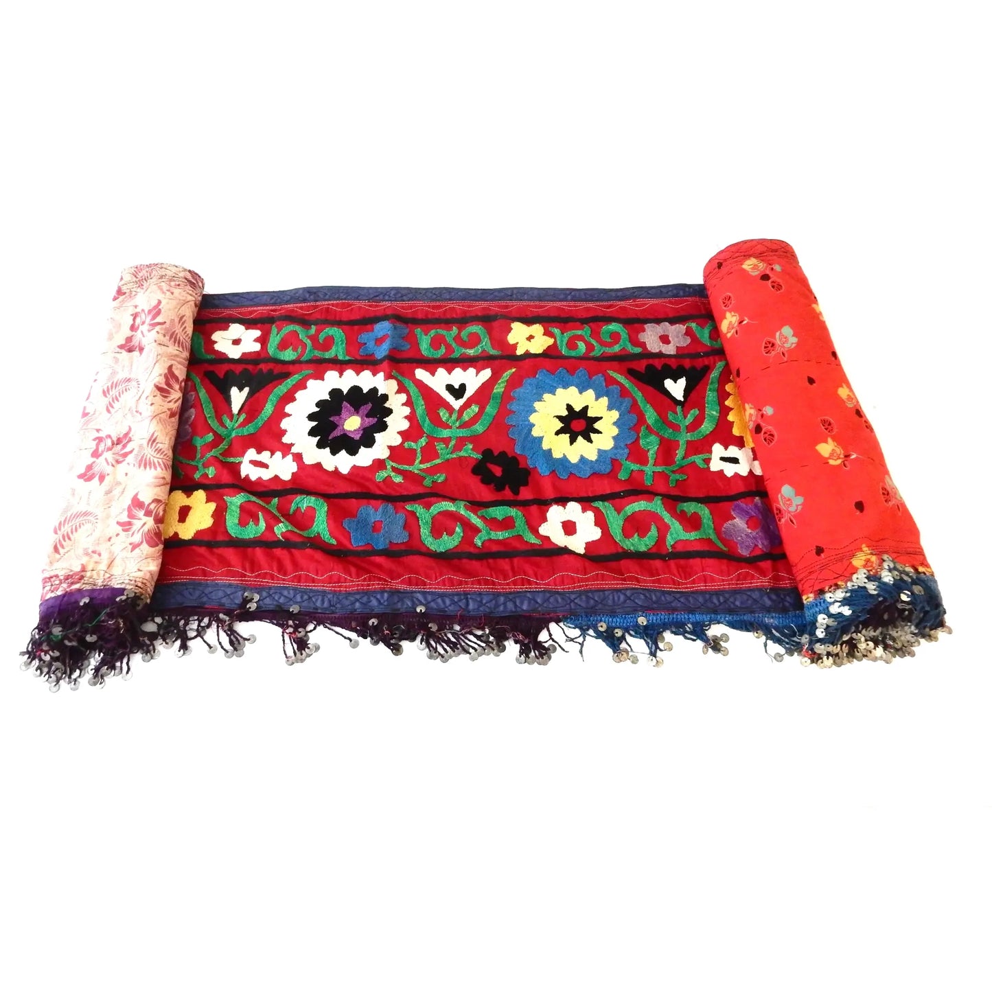 #7320 Vintage Long Uzbek Suzani Embroidered Fabric Runner/Wall Hanging 12'1"