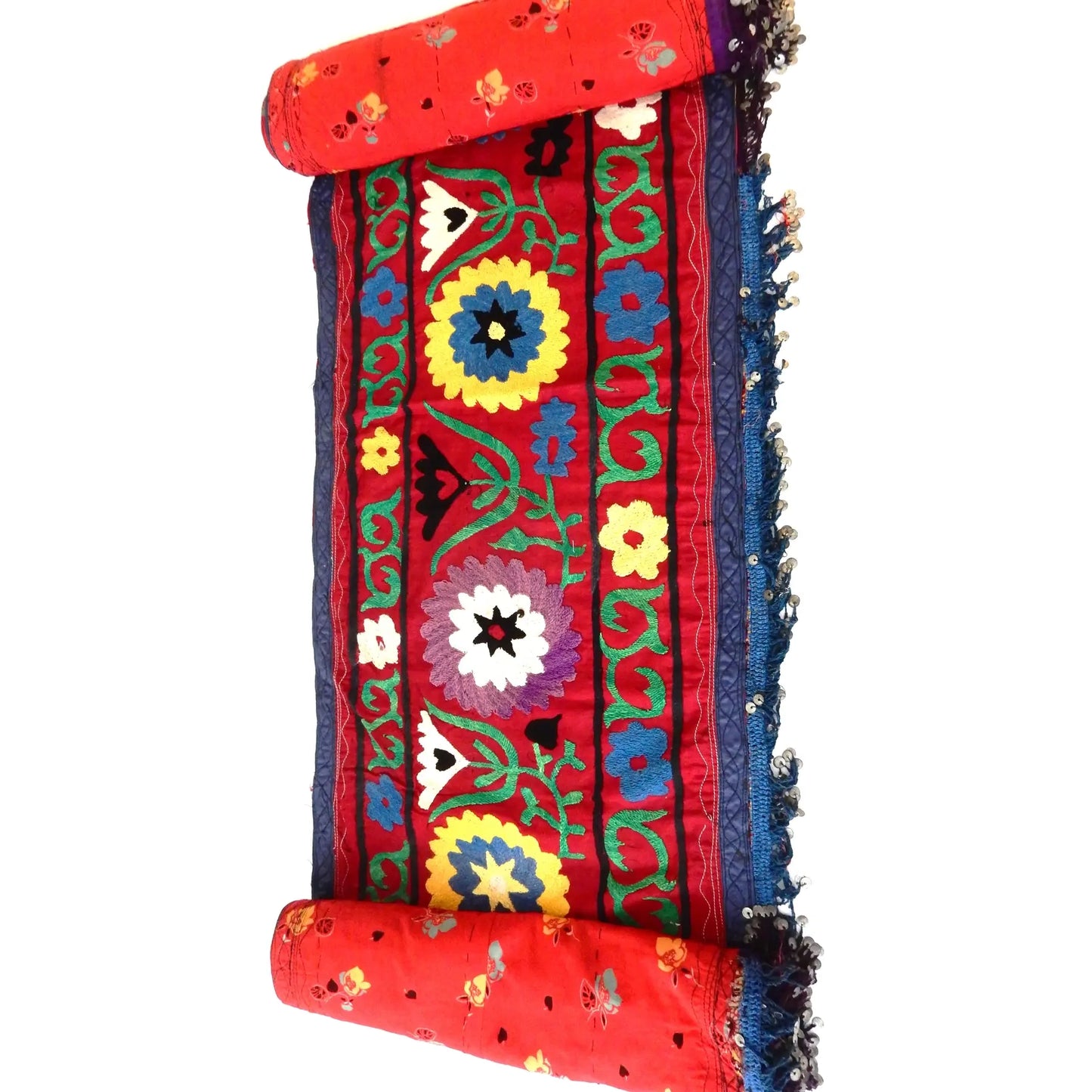 #7320 Vintage Long Uzbek Suzani Embroidered Fabric Runner/Wall Hanging 12'1"