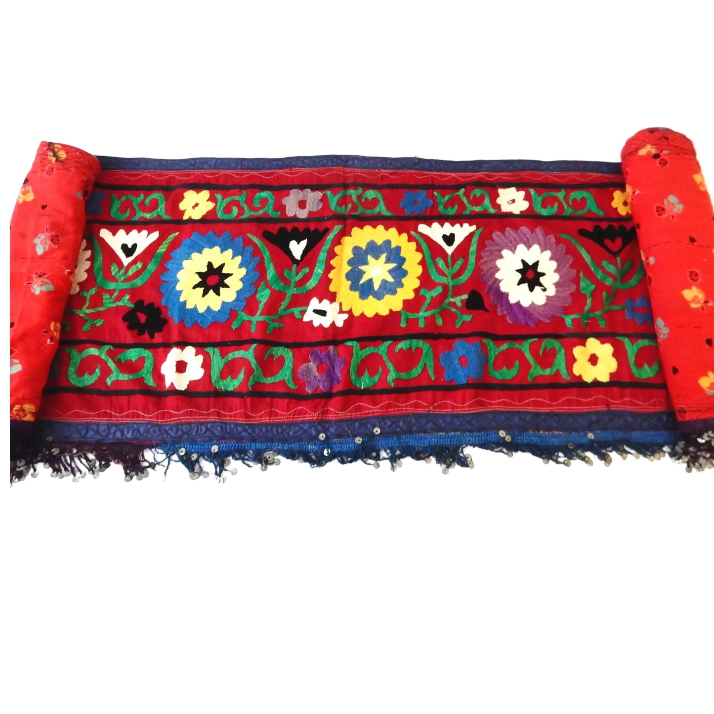 #7320 Vintage Long Uzbek Suzani Embroidered Fabric Runner/Wall Hanging 12'1"