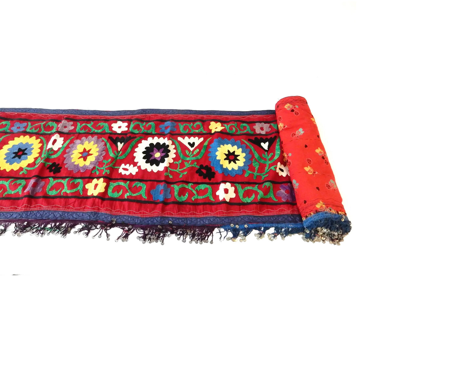 #7320 Vintage Long Uzbek Suzani Embroidered Fabric Runner/Wall Hanging 12'1"