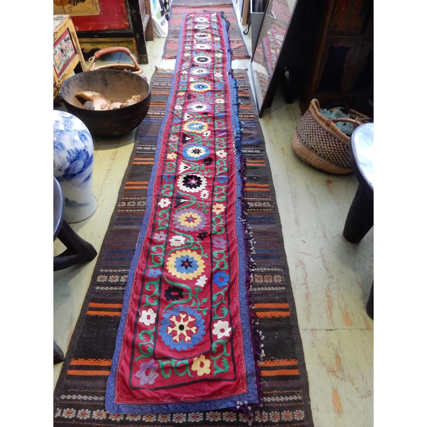 #7320 Vintage Long Uzbek Suzani Embroidered Fabric Runner/Wall Hanging 12'1"