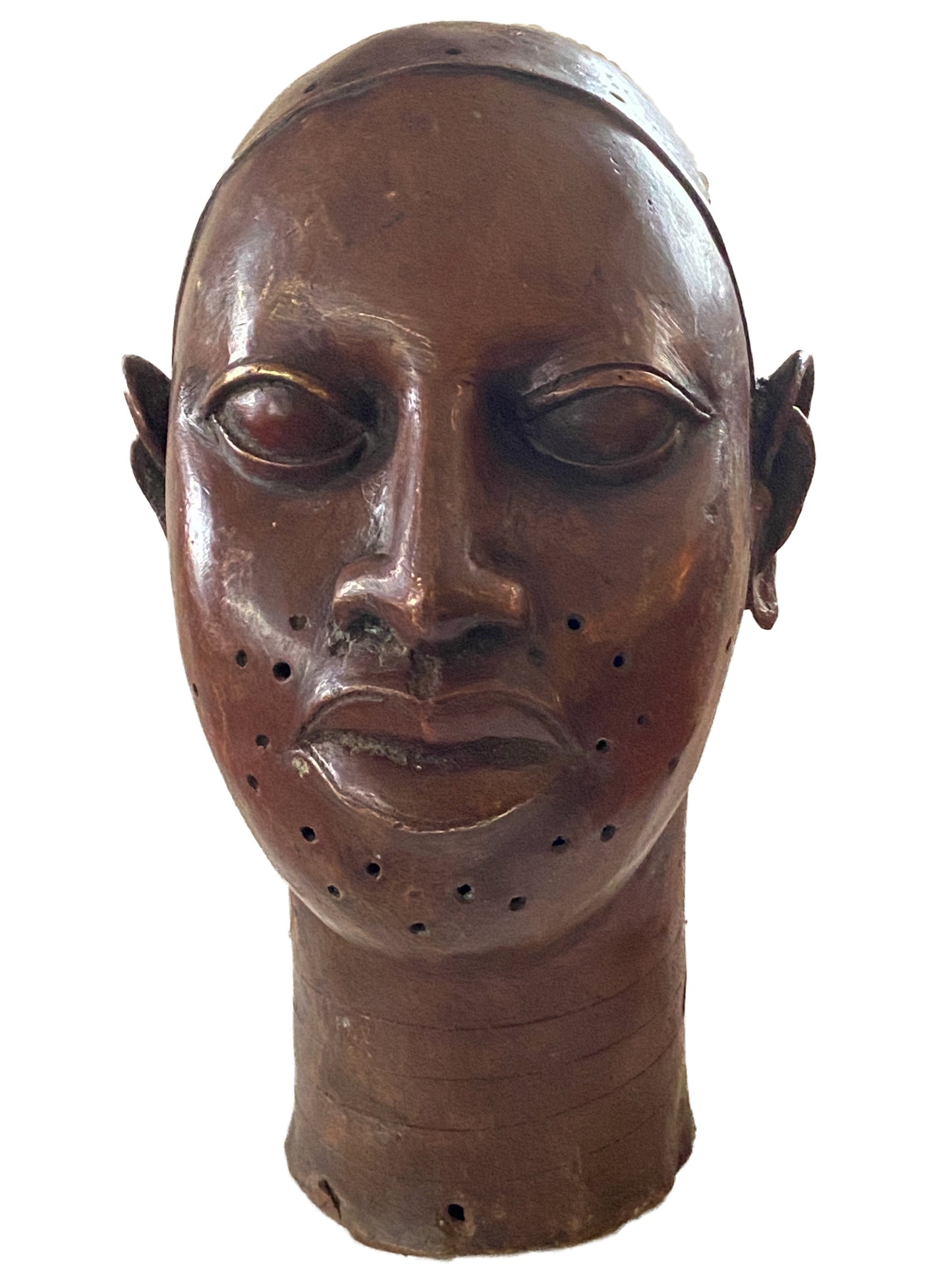 #948 Lg Benin Bronze King Head Oba Nigeria 14' H