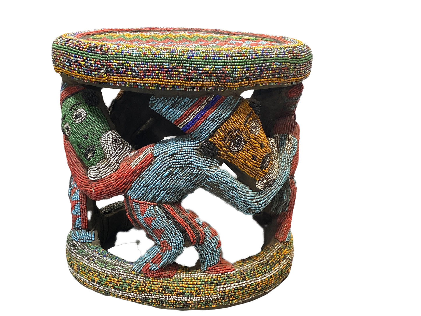# 4579 LG Nobility Beaded Wood Bamileke Throne /Table/ Stool Cameroon 20" D