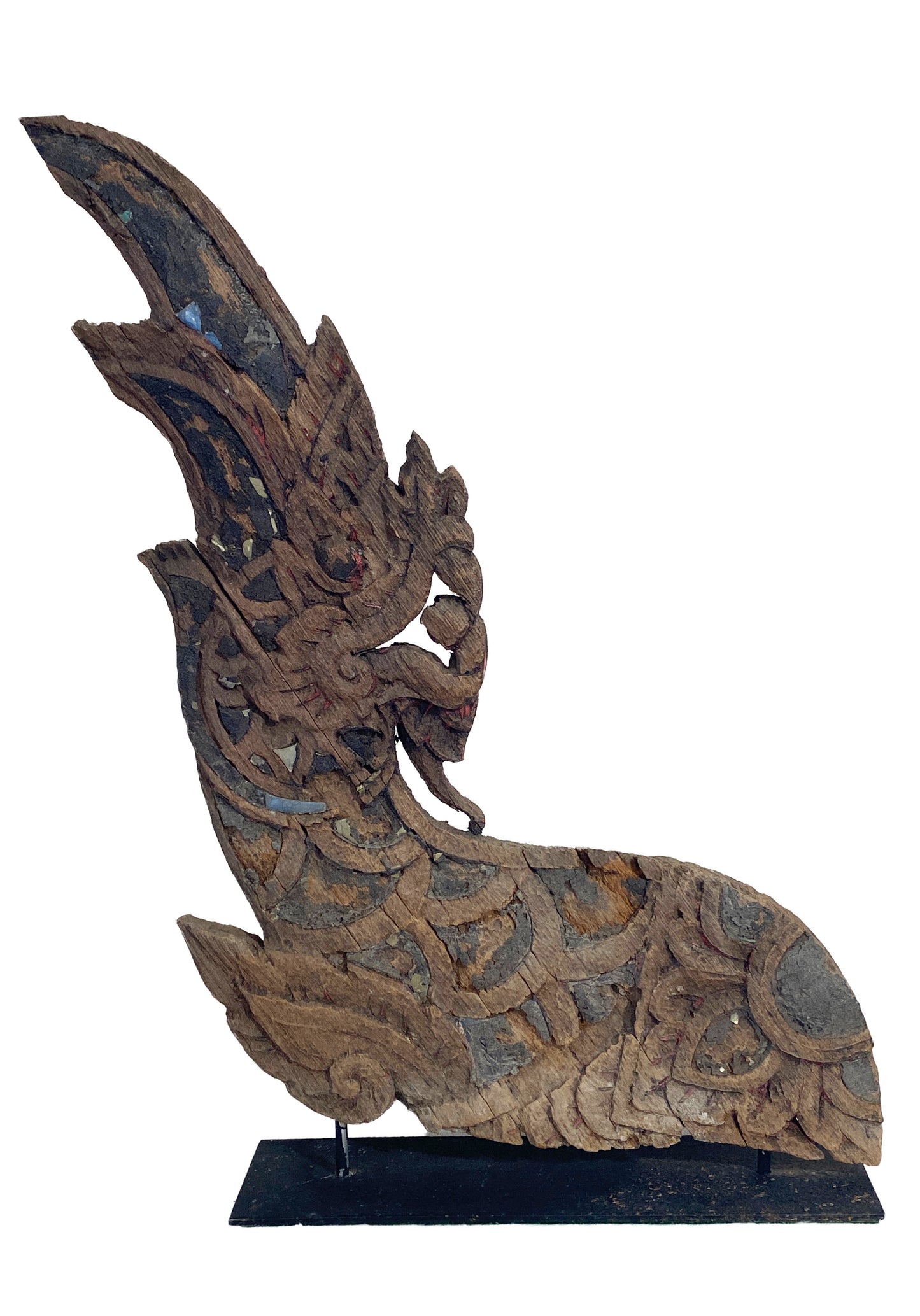 #4138 Large 19th Century Thai Wood Naga Roof Finial Sculpture on Iron Stand 31.25" H