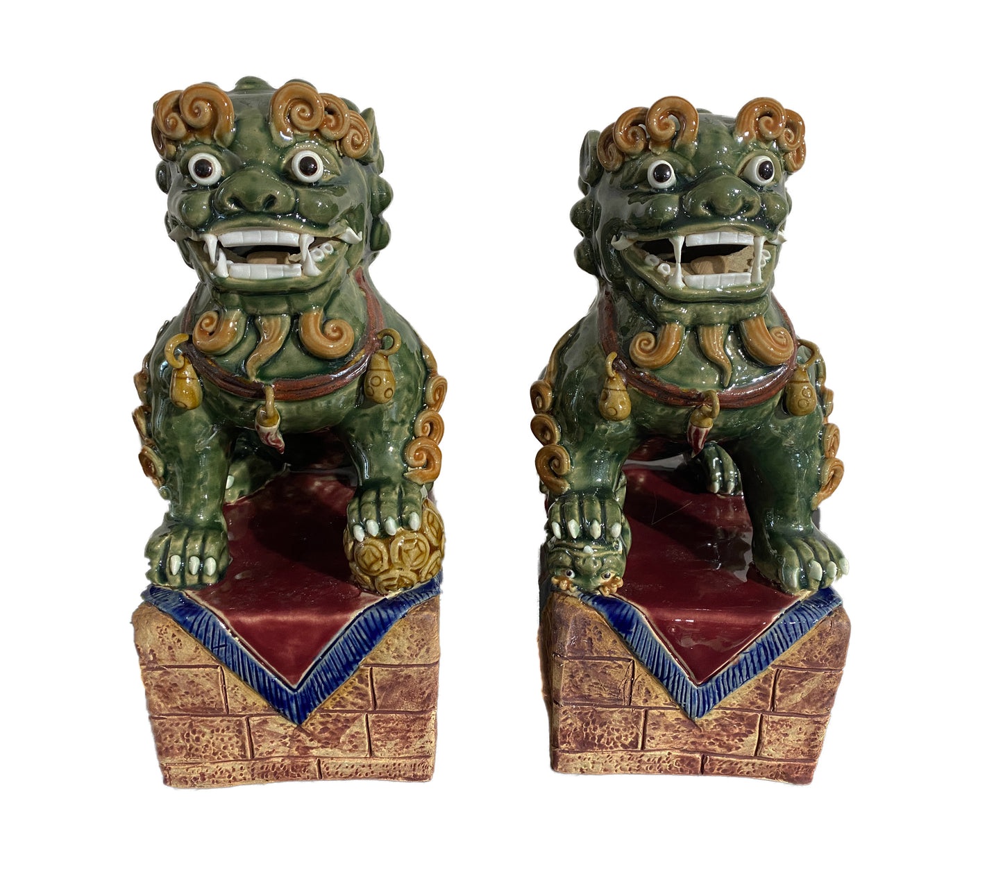 # 4158 Chinoiserie Sancai Glaze Pottery Foo Dogs - a Pair 9.5" H