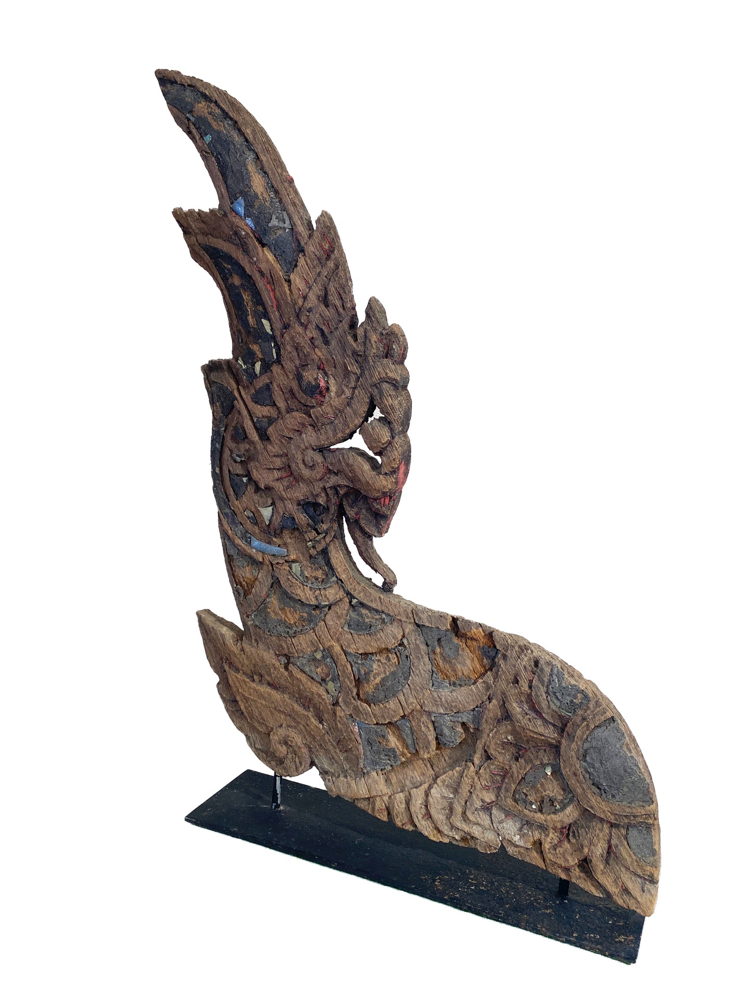#4138 Large 19th Century Thai Wood Naga Roof Finial Sculpture on Iron Stand 31.25" H